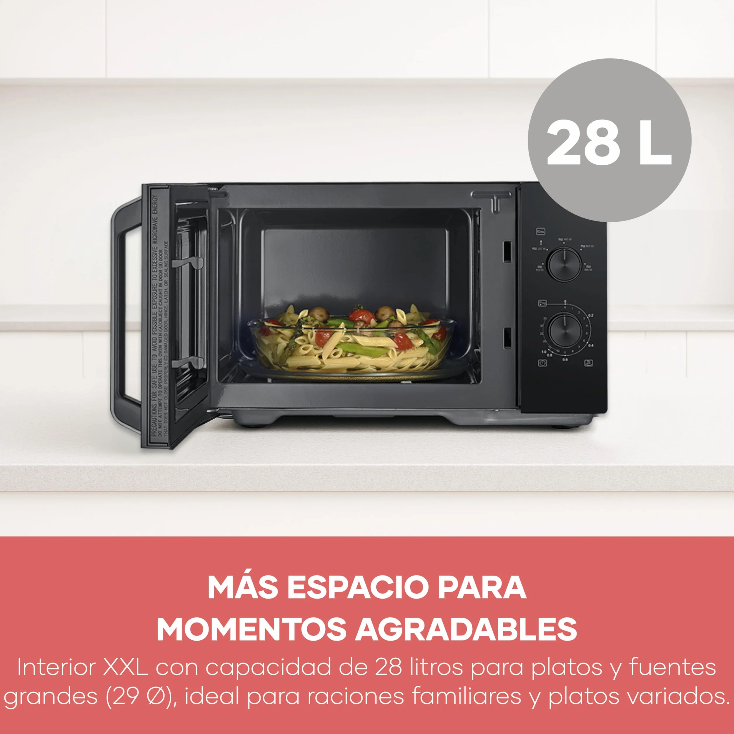 Severin Microondas, para descongelar y calentar, interior XXL, 28 l, horno microondas con plato giratorio de cristal extraíble, 5 niveles, temporizador de 35 minutos, 900 W, negro/metal, MW 7796