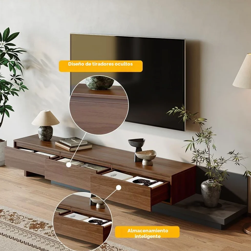 Homary Mueble TV Extensible 200–360 cm Mueble TV salón Moderno con 3 cajones Soft-Close y diseño Extensible para Muebles de salón Flexibles, Nogal y Gris