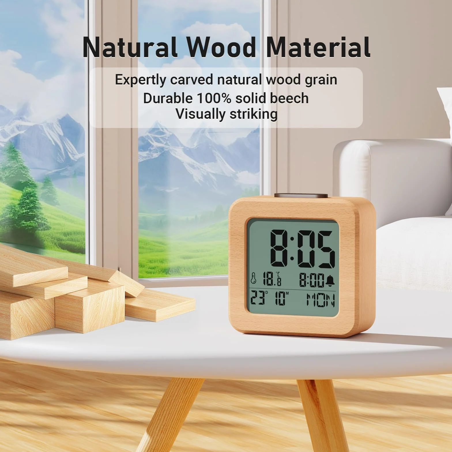 Despertador Digital, Reloj Despertador Digital de Madera Pilas con Sensor de Luz, Retroiluminación LCD, Snooze 5 Min, Temperatura, Fecha y Día de la Semana (Madera)