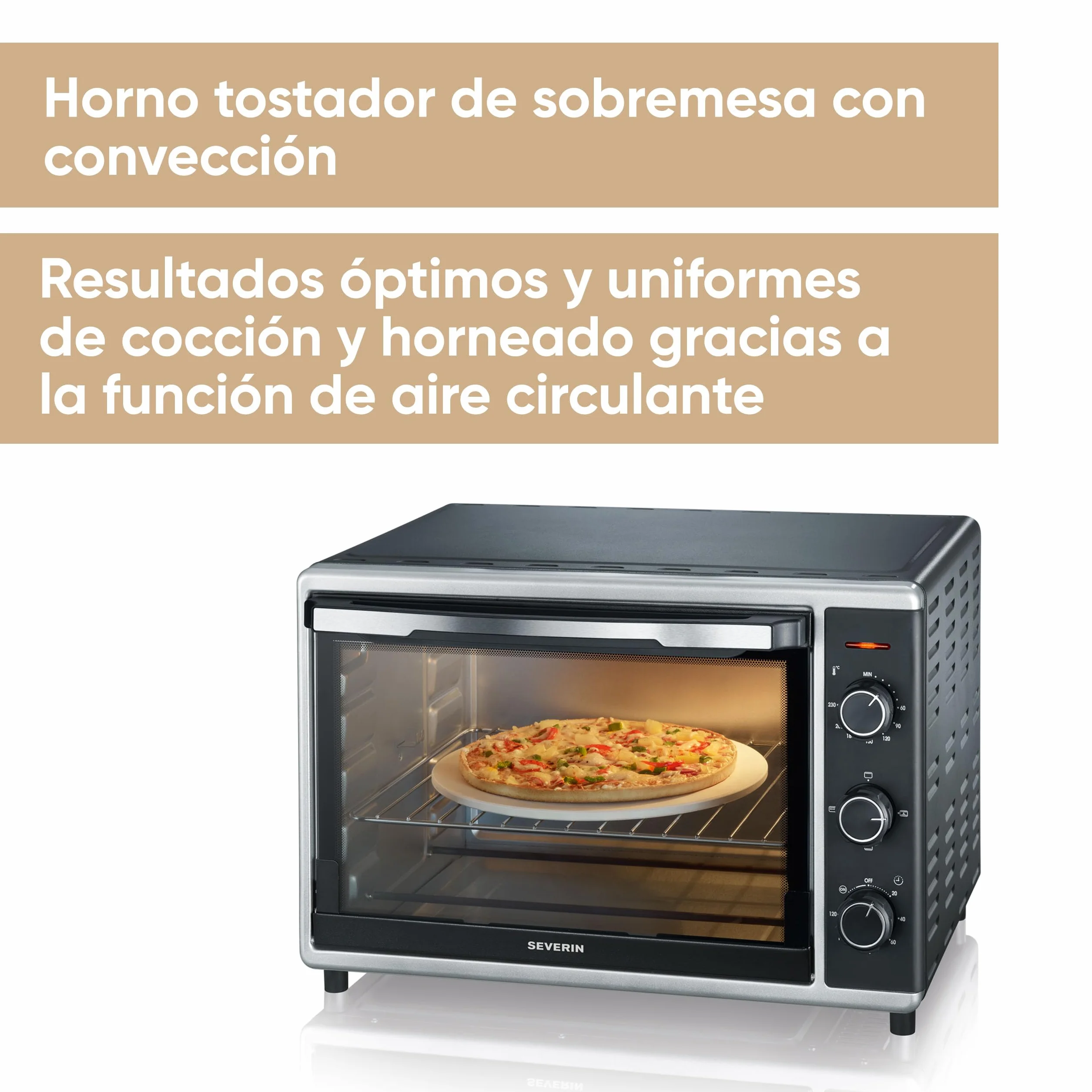 SEVERIN Horno tostador con función de convección, mini horno tostador con grill y bandeja, horno pequeño con piedra para pizza y asador giratorio, 1800 W, 42 L, negro, TO 2058