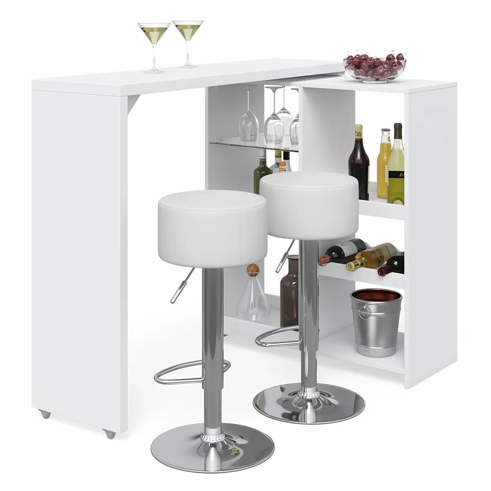 Vicco Set de Mesa de Bar Vega, Blanco, 138 x 39 cm con 2 taburetes de Bar, Plegable con estantes Abiertos para Almacenamiento