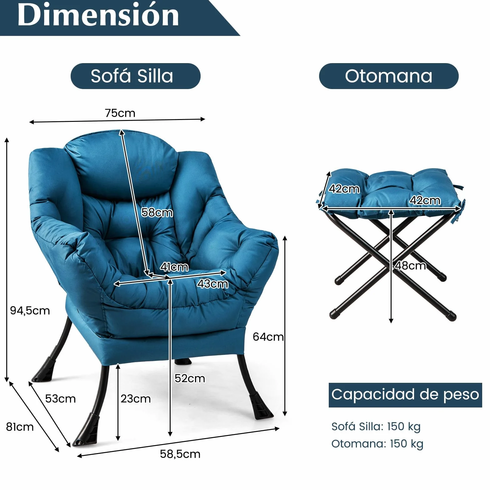 COSTWAY Sillones para el Salón con Reposapiés, Butaca Dormitorio con Almohada, Reposabrazos, Bolsillo Lateral, Sillón de Relax Sala Dormitorio Oficina (Azul)