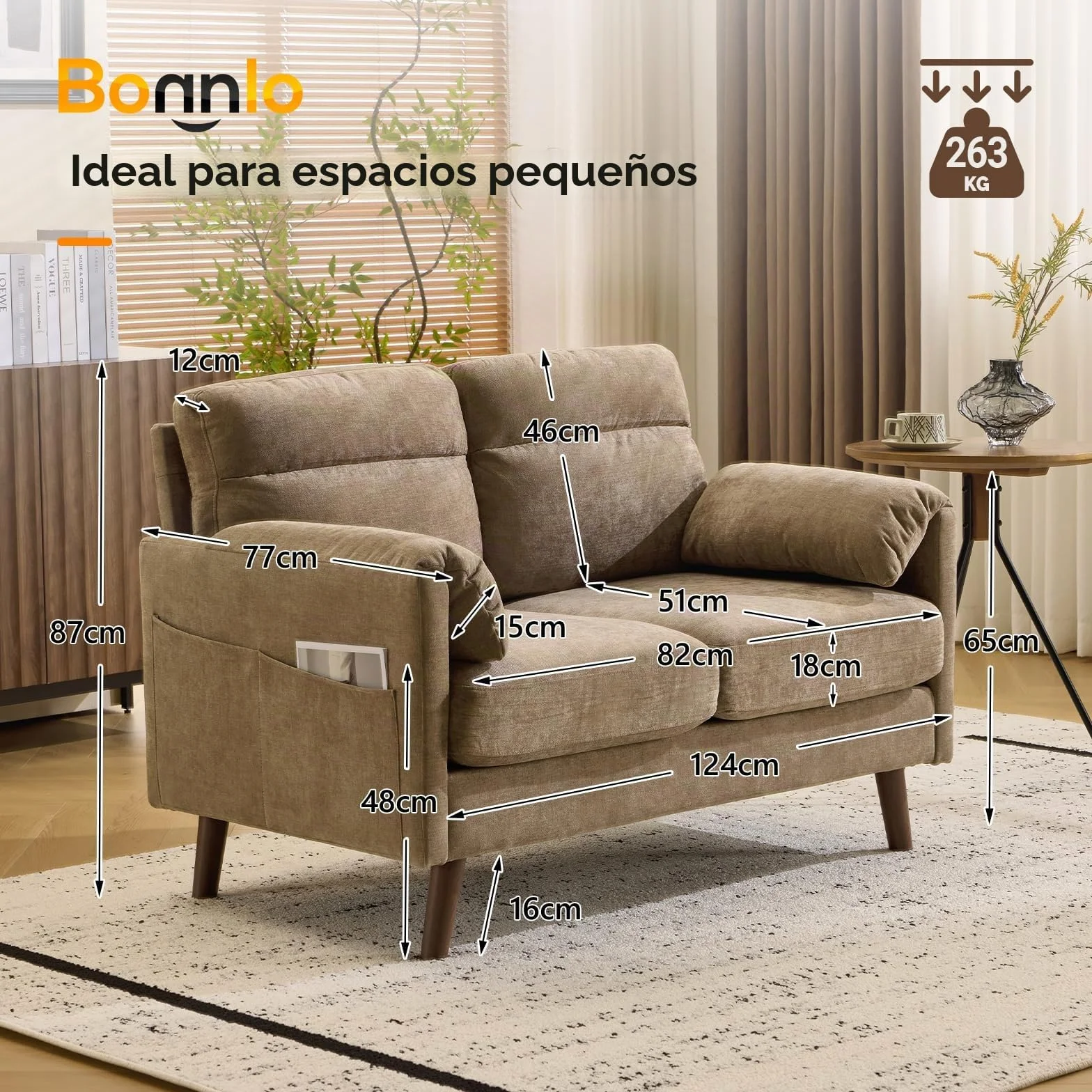 Sofá Bonnlo 2 plazas pequeño, sofá mini de 125 cm, pequeño sofá de tela con suaves reposabrazos, pequeño sofá para oficina, sala de estar, dormitorio y estudio, montaje sencillo, lino (marrón)