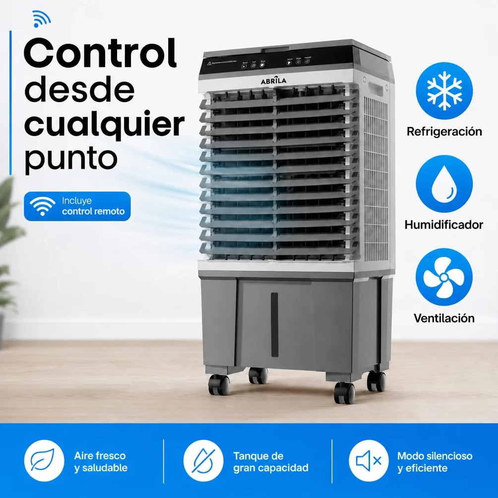 Climatizador Evaporativo Industrial 20L | Sin Tubo Exterior | Naves, Talleres y Terrazas hasta 20 m² | 65W | 3 Velocidades | Mando a Distancia | 4 Acumuladores de Frío | Oscilante | Portátil