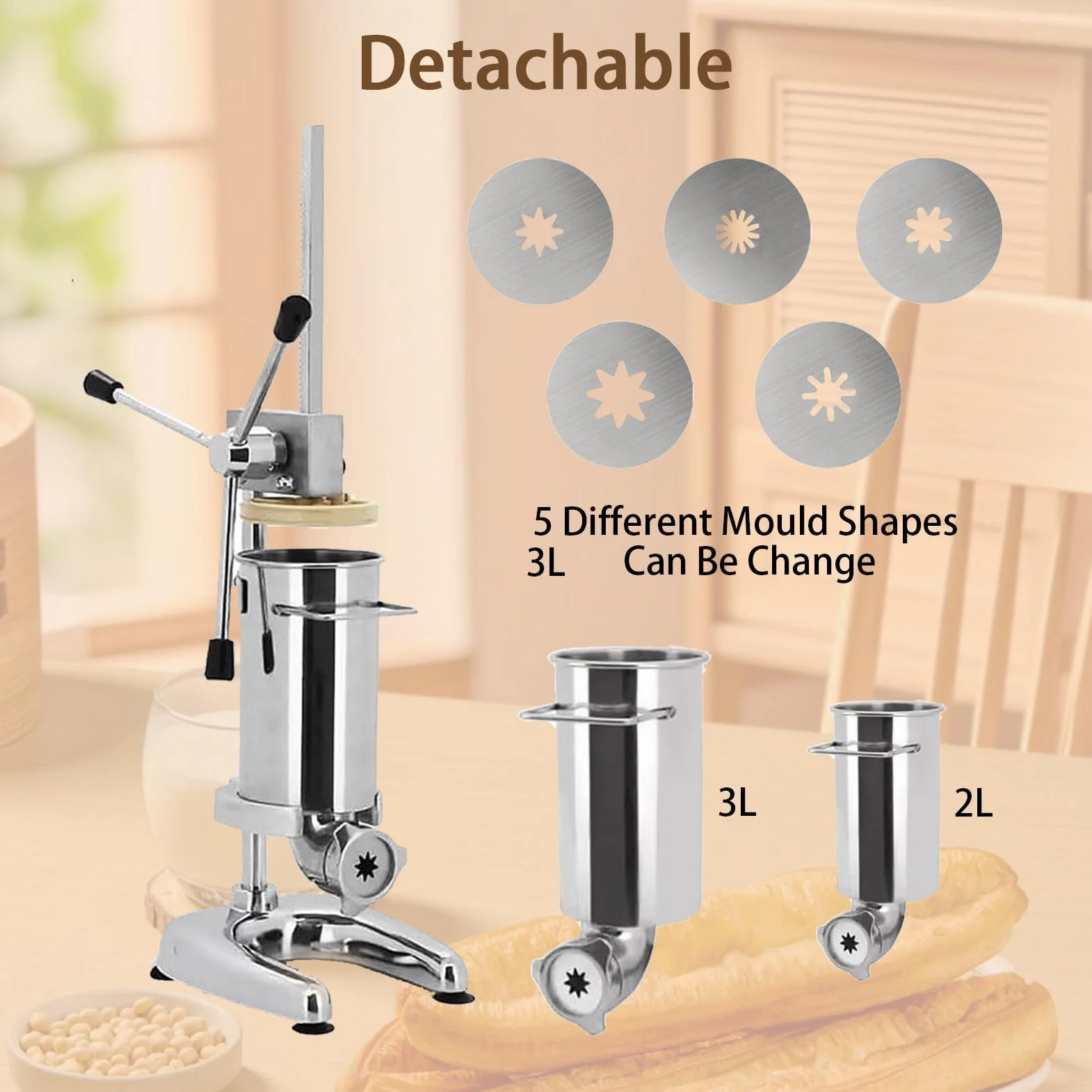 MáQuina para Hacer Churros Manual, MáQuina para Hacer Rellenos De Churros, MáQuina para Hacer Churros De Rosquillas EspañOlas Manual Comercial De 2 L, 5 Tipos De Moldes 3L