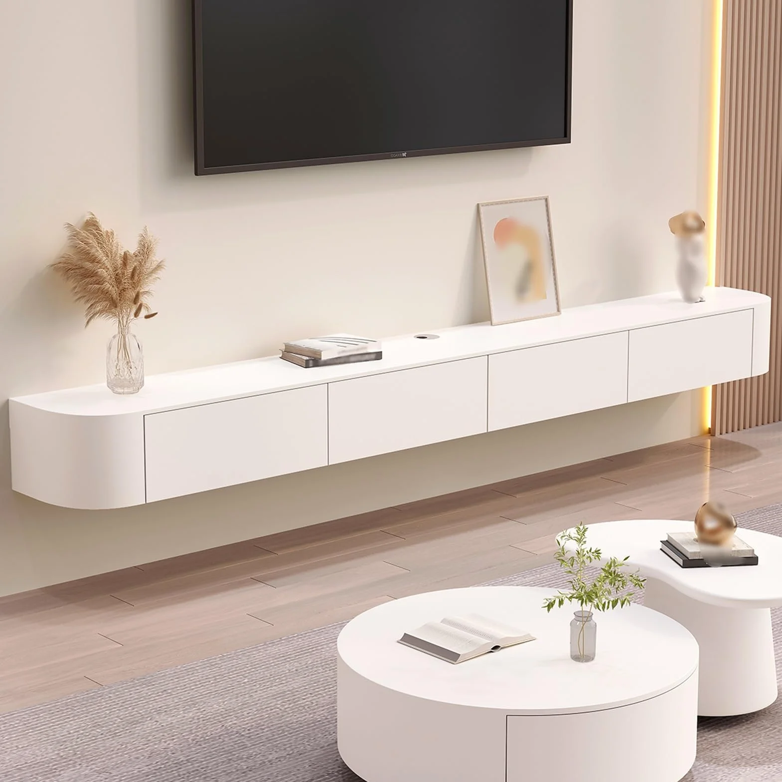 Armario de almacenamiento de TV montado en la pared con puerta, banco grande de almacenamiento para sala de estar y oficina, moderno mueble de TV flotante con cajón, elegante armario de TV para