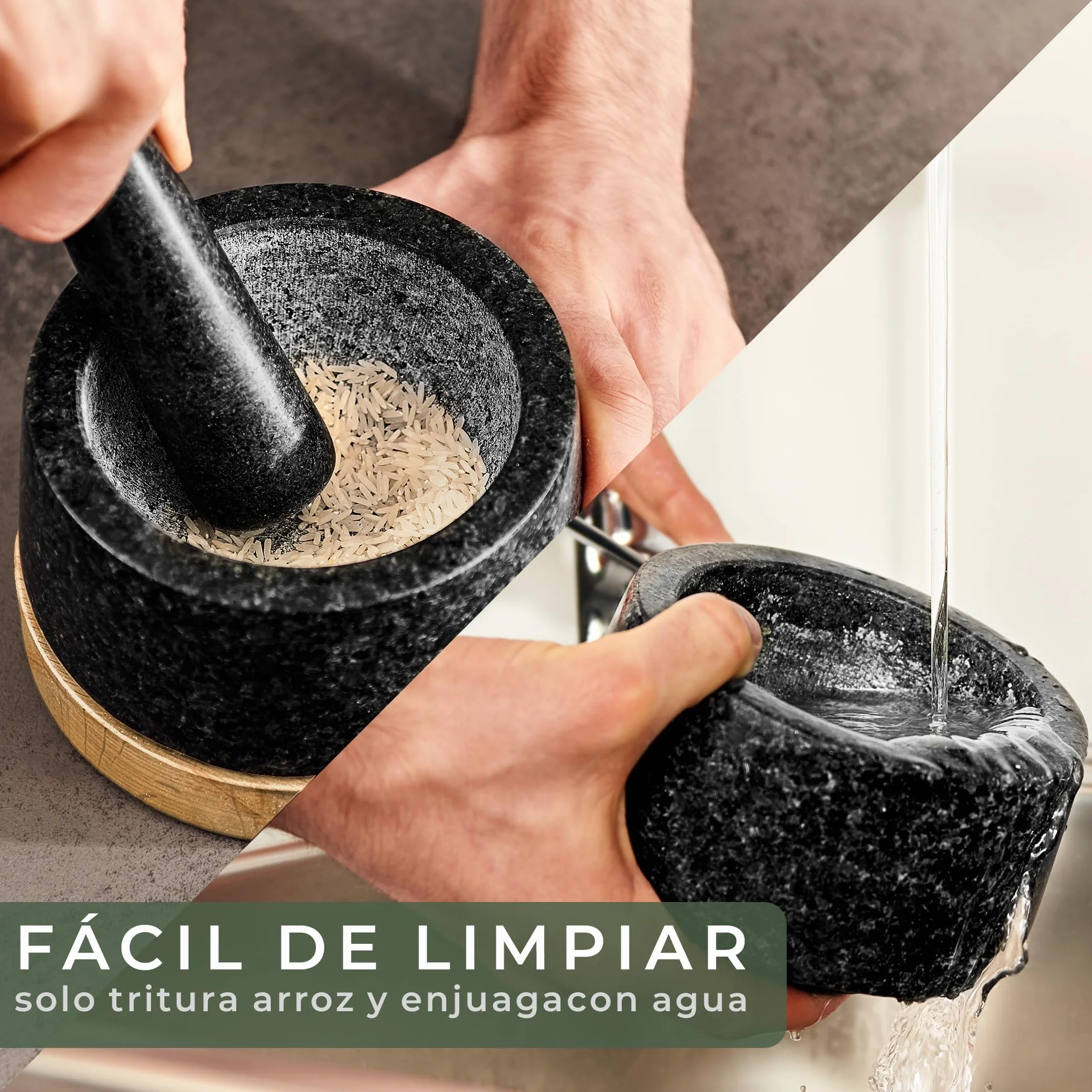 WALDWERK Mortero con Mano (14 cm de diámetro) – Mortero cocina sobre una base elegante y estable de madera de roble – Mortero piedra con mazo extra largo de granito natural