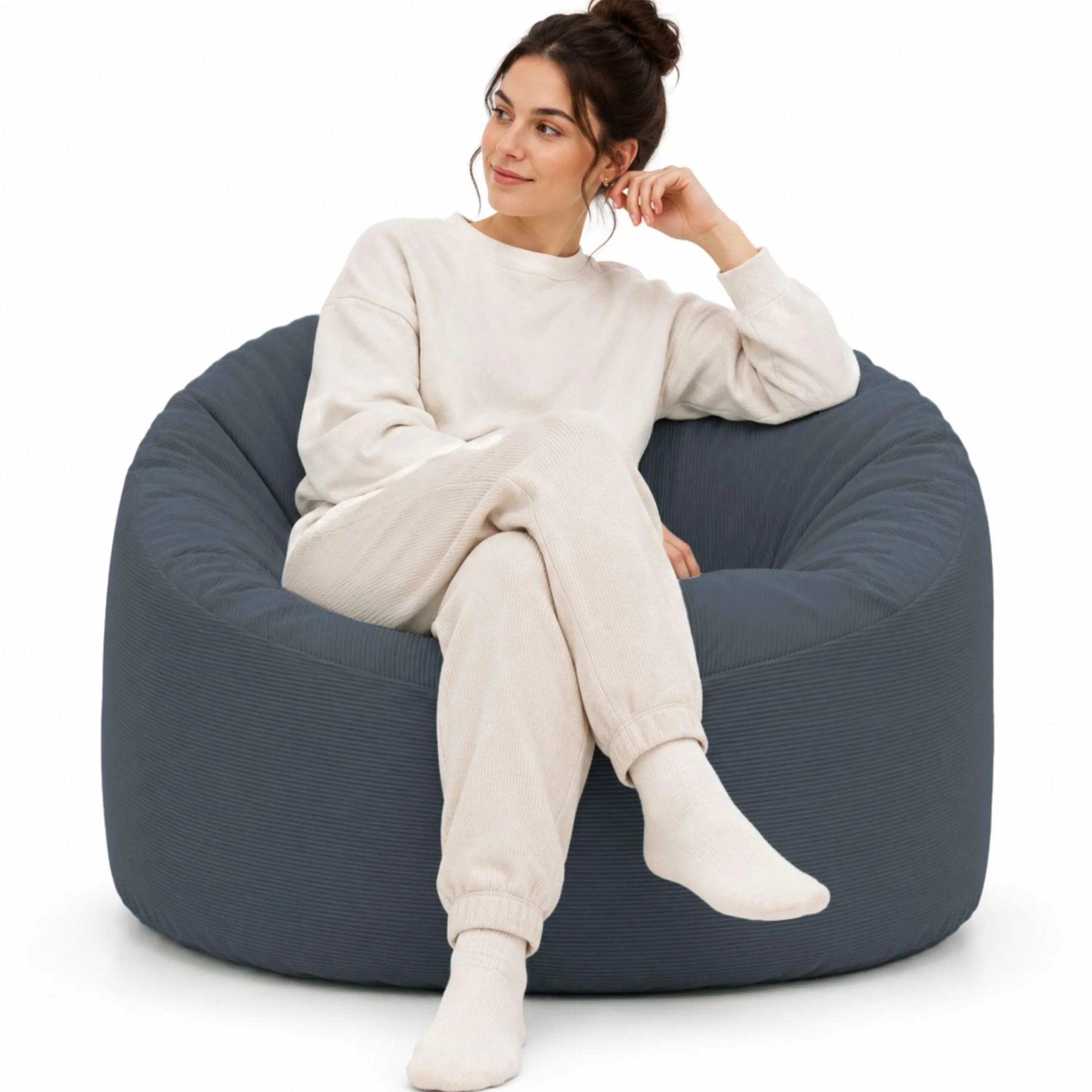 bananair - Puff Salón de Terciopelo Acanalado - Suave y Confortable - Puff Pera con Relleno de Espuma Incluido, Óptimo Apoyo para la Espalda - Bean Bag, Sofa Puff Gigante (100 cm, Azul Marino)