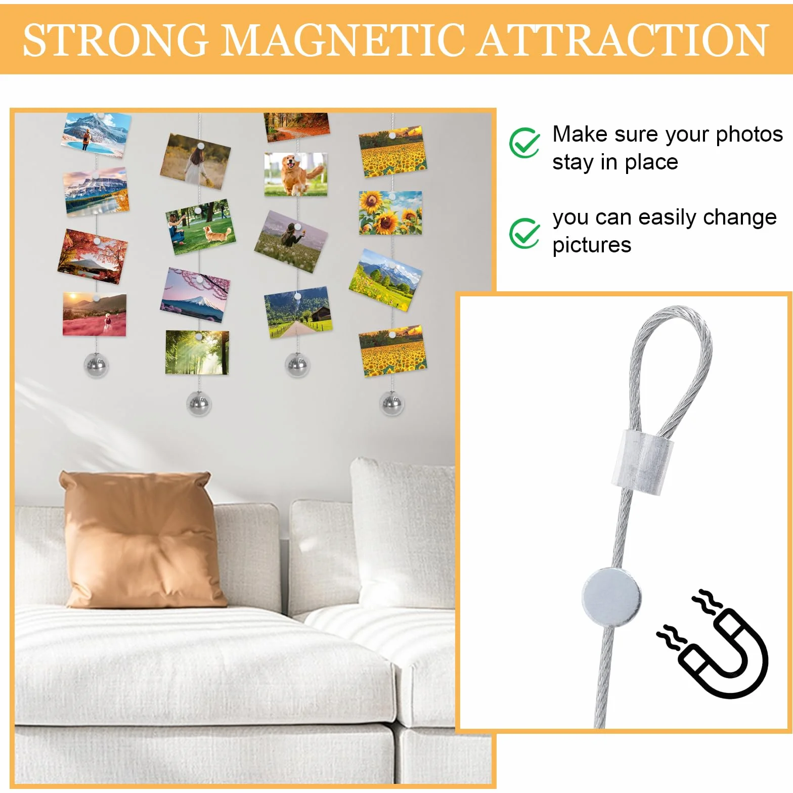 Cuerda Para Colgar Fotos 4 Piezas Cable Para Colgar Foto Con 48 Imanes, 2m*1.5mm Cable Acero Colgar Fotos Cable Acero Colgar Fotos De Expositor Cable De Acero Inoxidable Para Fotos Alambre Fotográfico