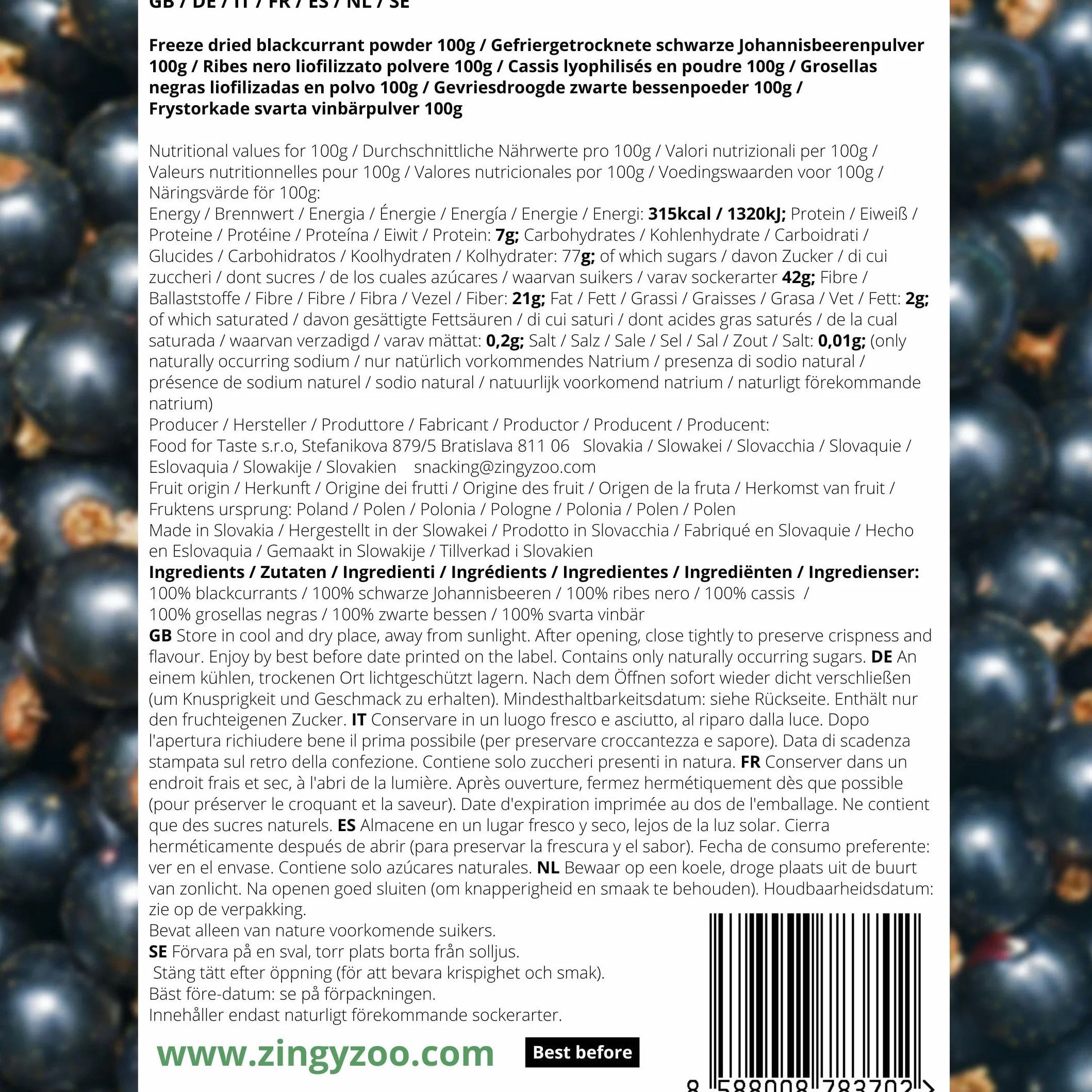 Polvo de Grosella Negra Liofilizada Fruta Deshidratada (100g)