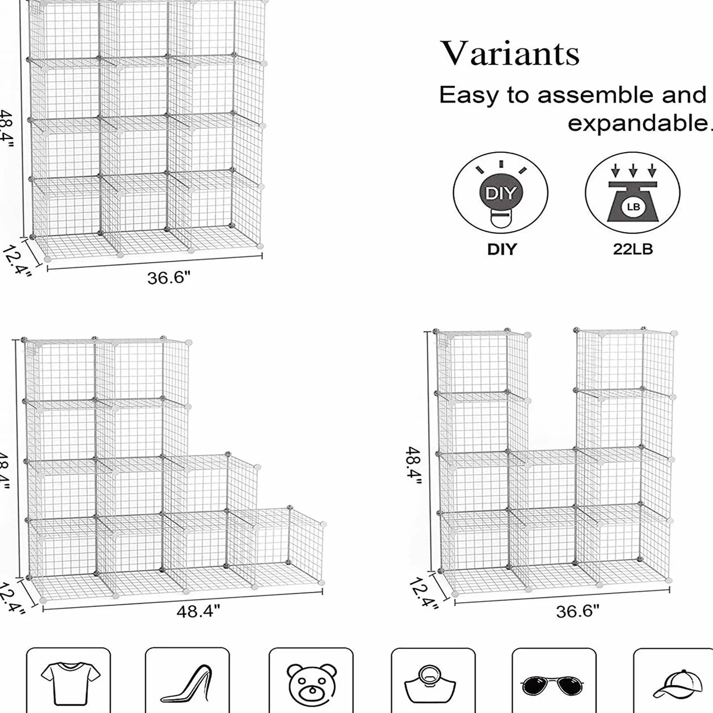 C&AHOME C&HOGAR Estante Modular para Libros Almacenamiento de Cubos de Alambre 36.6x12.4x48.4 Pulgadas Blanco