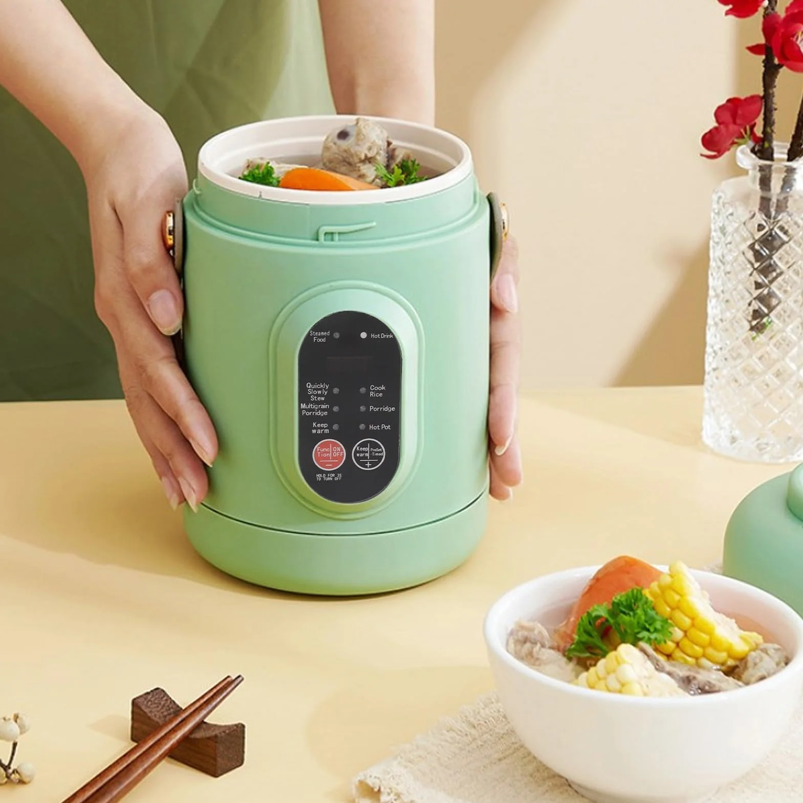 Olla Caliente Eléctrica con Vaporera 800 Ml Antiadherente Portátil 6 Modos