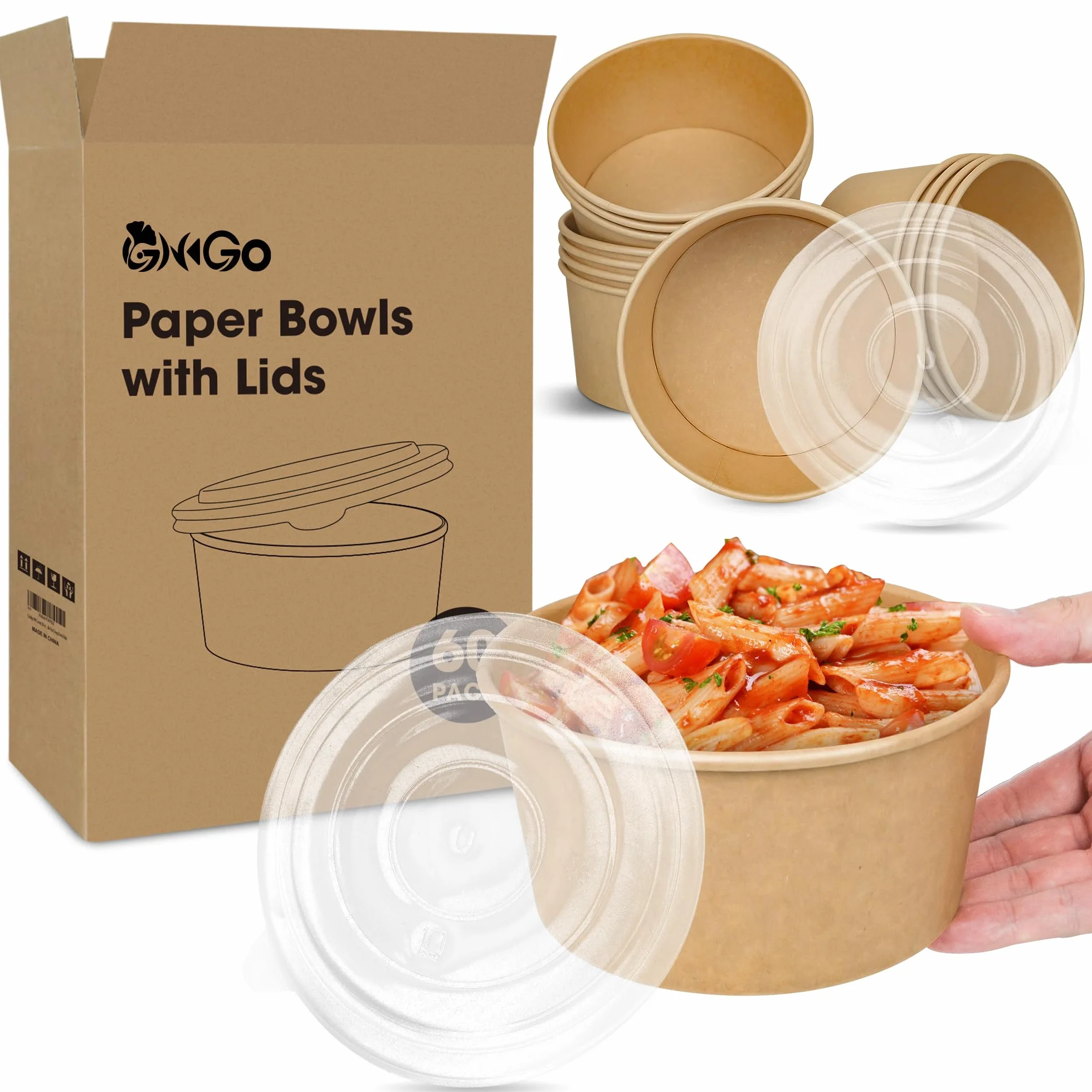 Ginkgo 60 cuencos de papel desechables de 30 onzas con tapas, a prueba de fugas, grandes cuencos de sopa caliente a granel