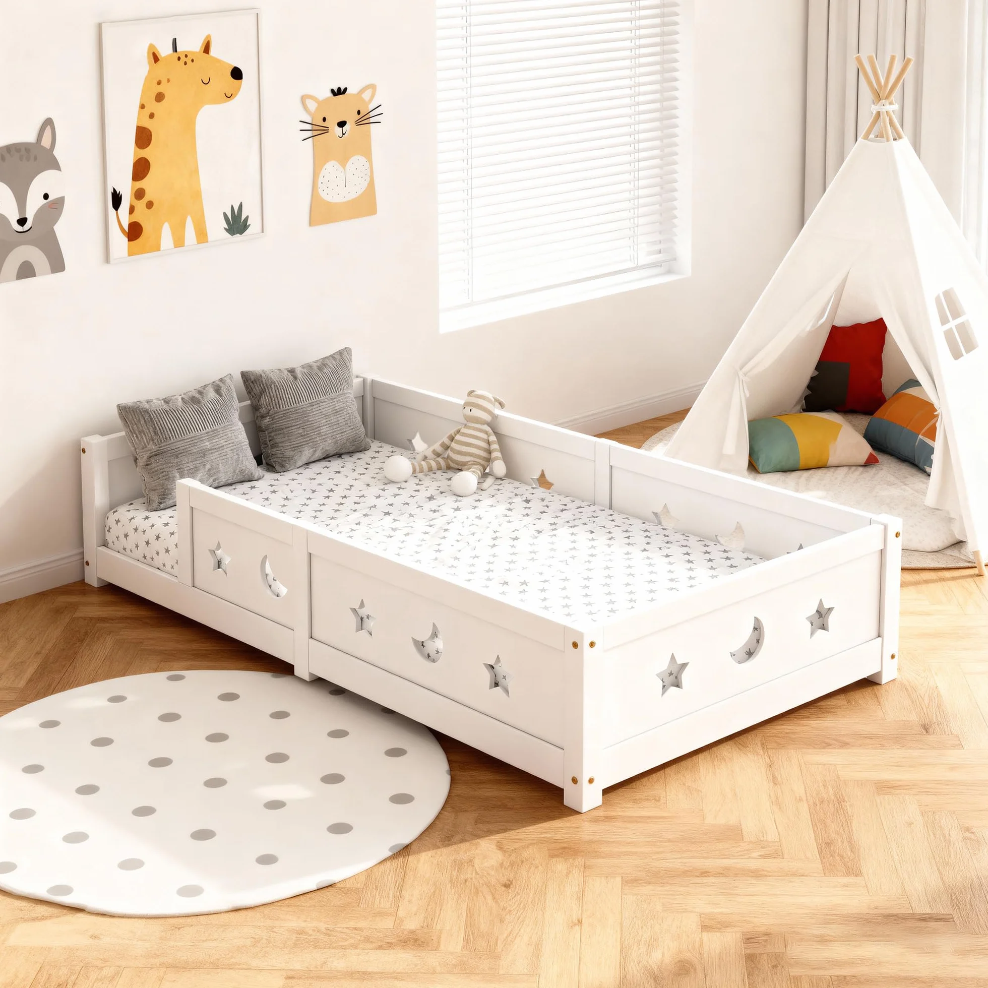 Montessori - Cama de suelo de 90 x 200 cm, con protección anticaída y somier de láminas, diseño de estrellas y luna, cama infantil para niños y niñas, de madera de pino maciza, color blanco (blanco