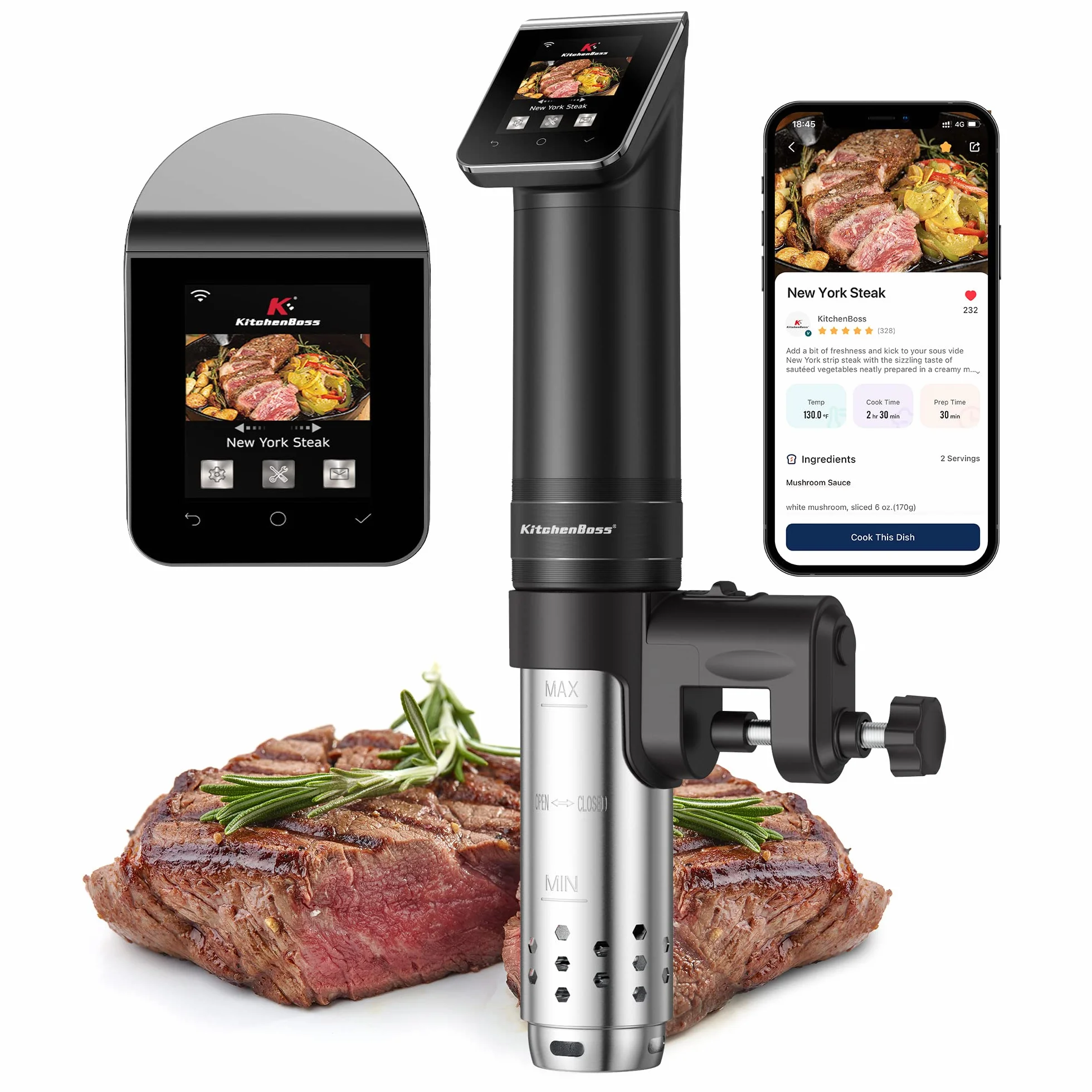 KitchenBoss Wifi Roner Cocina Baja Temperatura: G330 WLAN Sous Vide Roner, 1100W,Inmersión a Prueba de Agua IPX7 Circuladores Control de APP y Temperatura de Precisión TFT táctil Muy tranquilo