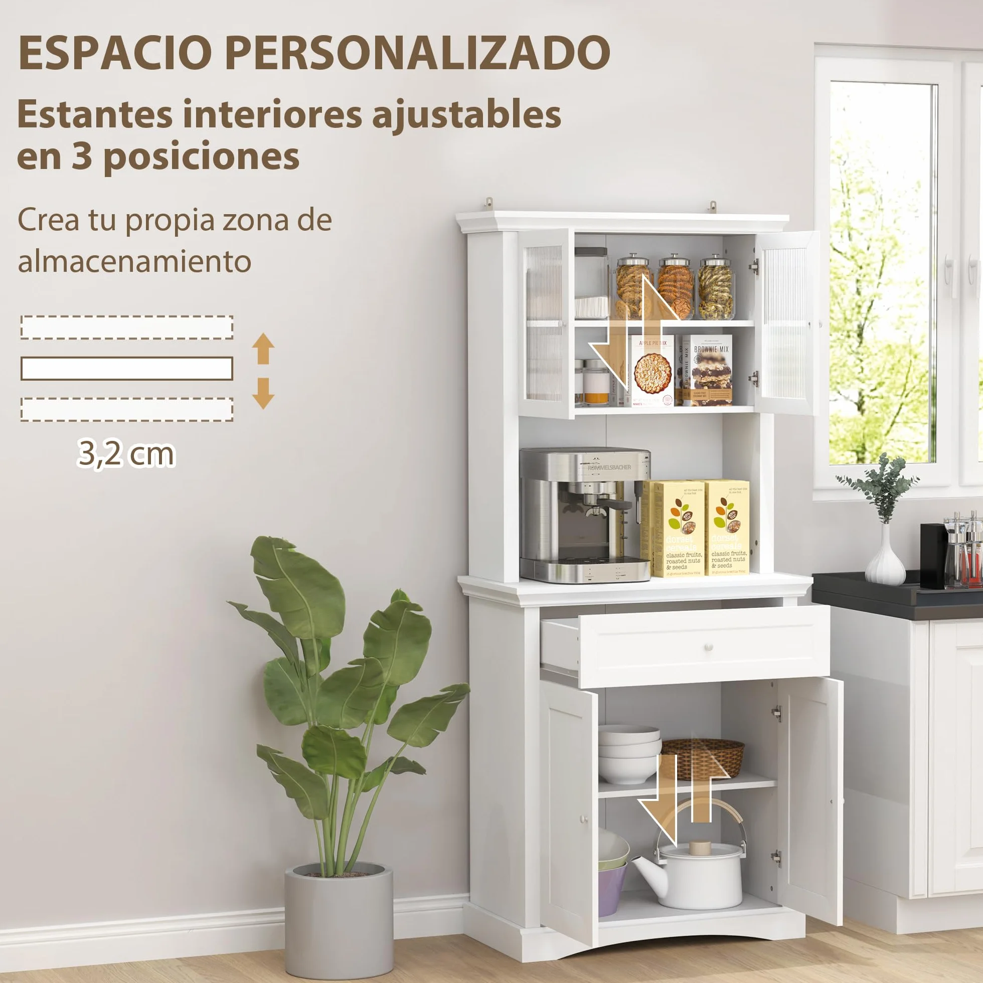 HOMCOM Alacena de Cocina Moderna Armario de Cocina con 1 Cajón 2 Puertas de Vidrio y Estantes Ajustables Carga 50 kg para Comedor Salón 79x40x180 cm Blanco