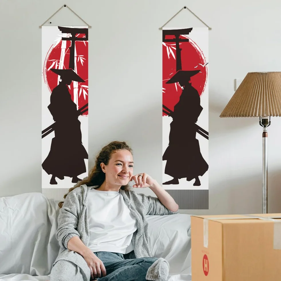 AHANDMAKER Tapiz samurai japonés, 2 piezas, blanco y negro, sol rojo genial, decoración colgante de pared, tapiz vertical largo para dormitorio, sala de estar, decoración bohemia mística de habitación