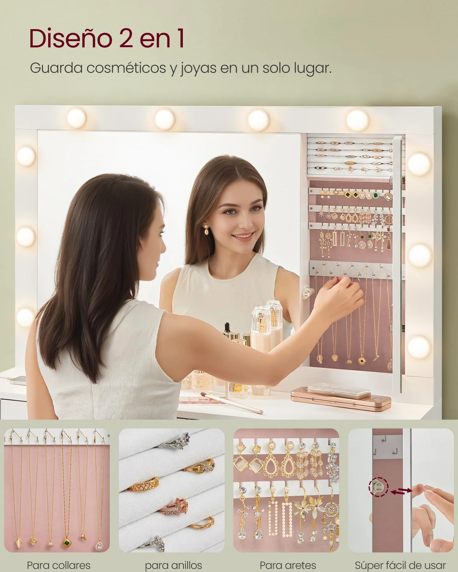 VASAGLE Tocador con Iluminación LED Mesa de Maquillaje 40x125x140 cm Blanco Nube