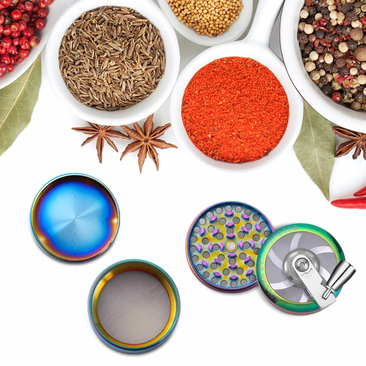 LIHAO Grinder Moledor de Especias Molinillo de Especias Metálico con Manija 60mm 4 piso Duradero Aleación de Zinc (Multicolor)