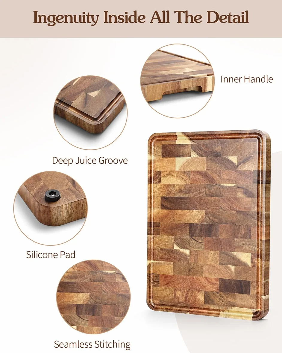 XINZUO Tabla de Cortar de Madera de Acacia- (35x25x2.6cm) Tabla de Cortar Cocina Hecha a Mano Trinchar Tabla de Carne- con Patas Antideslizantes, Asas Laterales y Ranura para Jugos