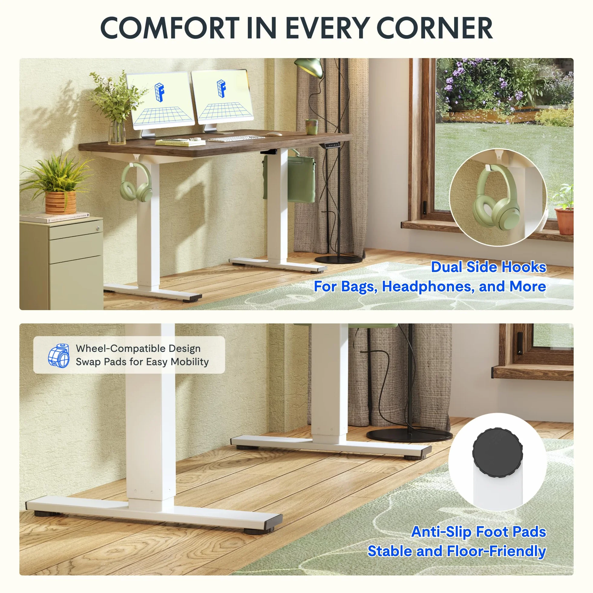 FLEXISPOT Escritorio Elevable Eléctrico con Tablero Acabado de Roble Hecho en UE,140×80cm,Altura Ajustable 71-120cm,Capacidad 80 kg,para Oficina,Trabajo Remoto,Hogar y Empresa,Roble Café + Negro