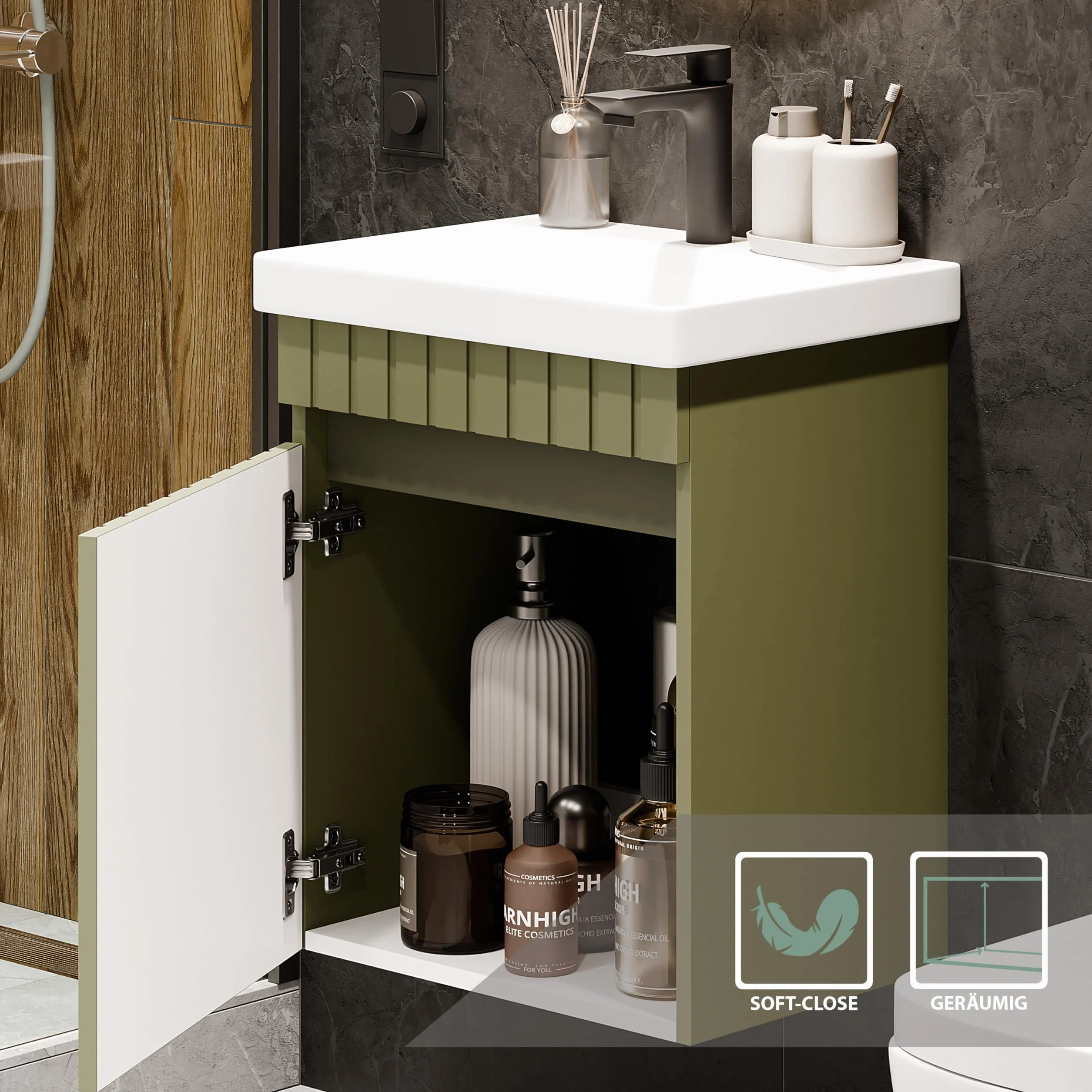 Planetmöbel Cosmia - Set de muebles de baño con lavabo y armario bajo 50 x 60 x 35 cm, color verde menta, grifo de baño negro, lavabo de cerámica con puerta