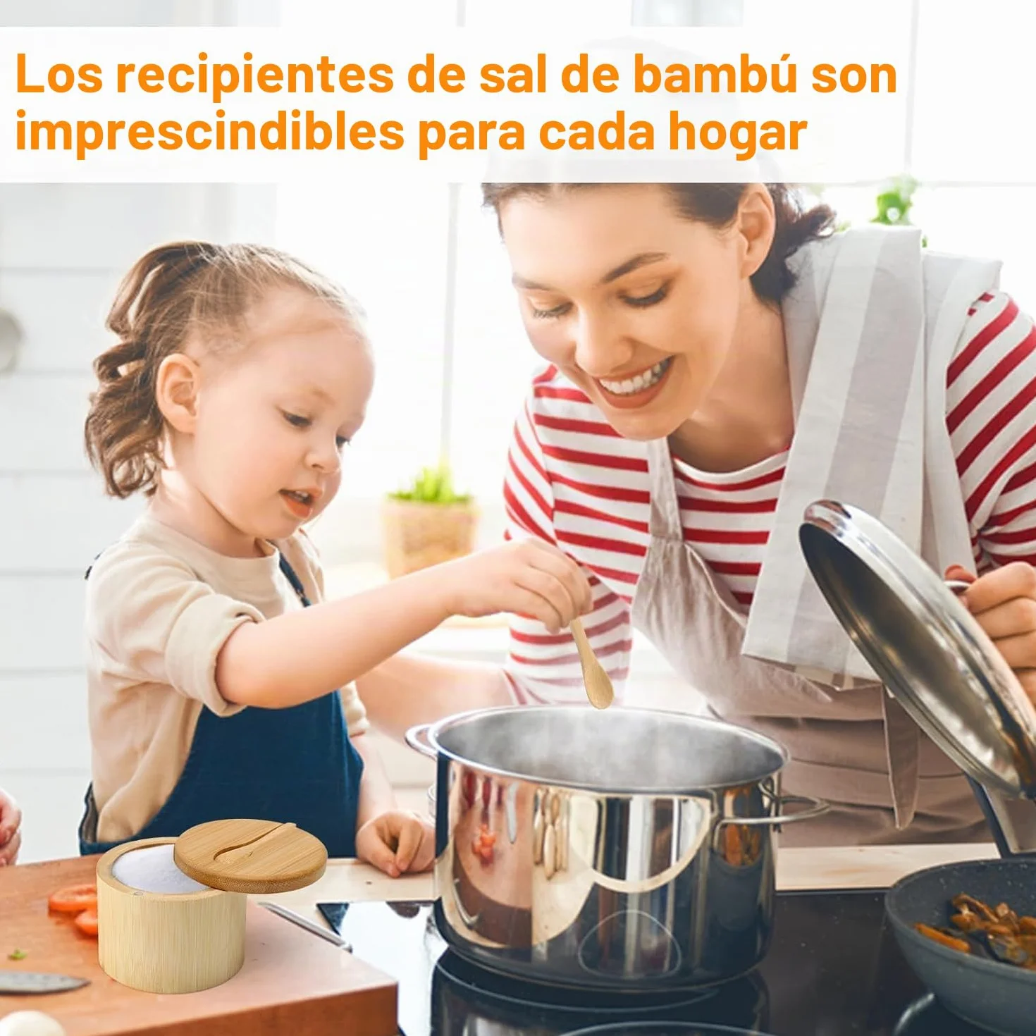 2 Salero para Cocina Bambú, Wood Salt Cellar Bowl Box, Recipiente para Sal de Cocina, Wooden Salt Box, con Tapa Giratoria & Cuchara, para Sal, Especias (9 x 9 x 7 cm)