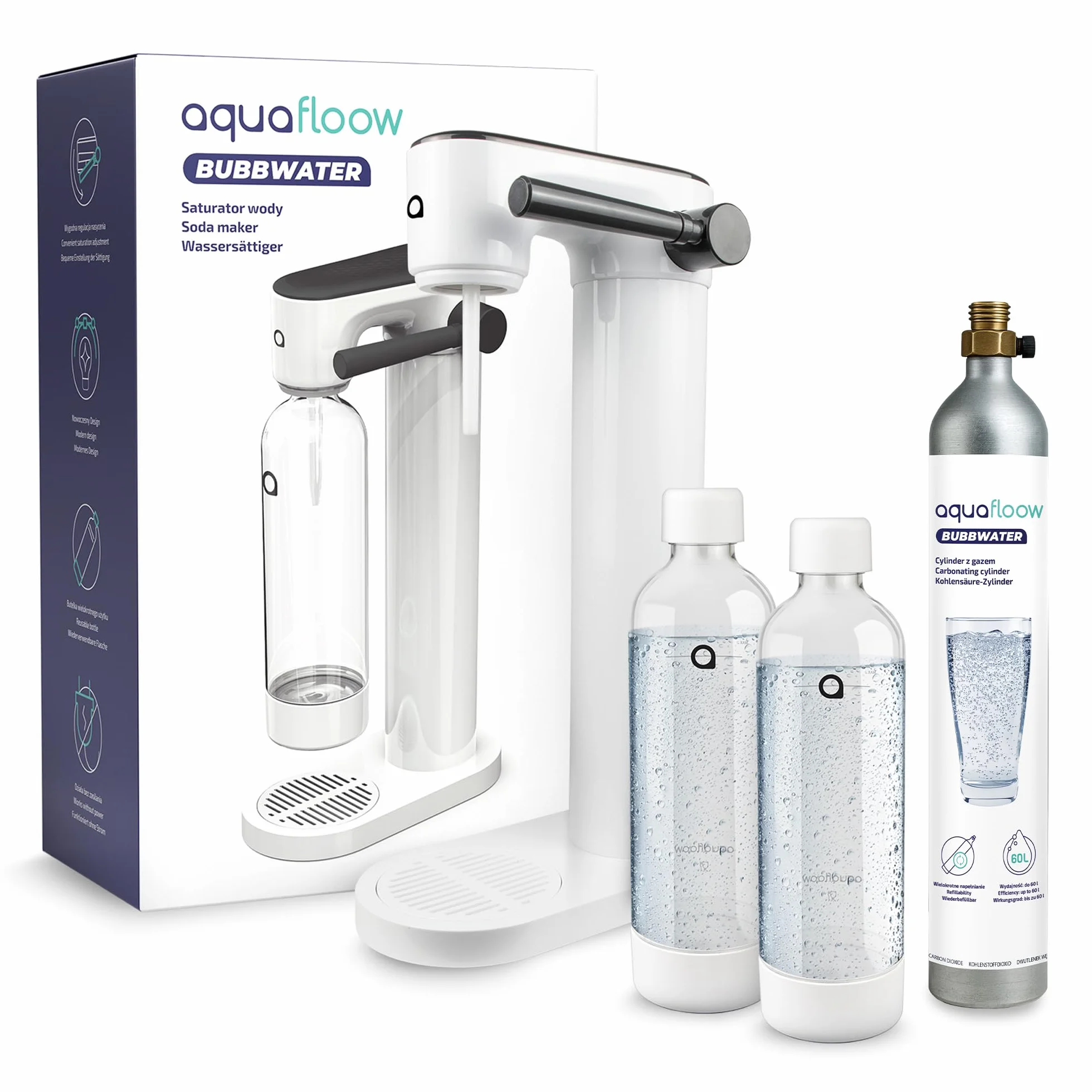 AquaFloow Carbonatador de Agua 2 Botellas 0,8L Cilindro CO2 60L Máquina Hacer Soda sin Electricidad Sparkling Water Maker Blanco