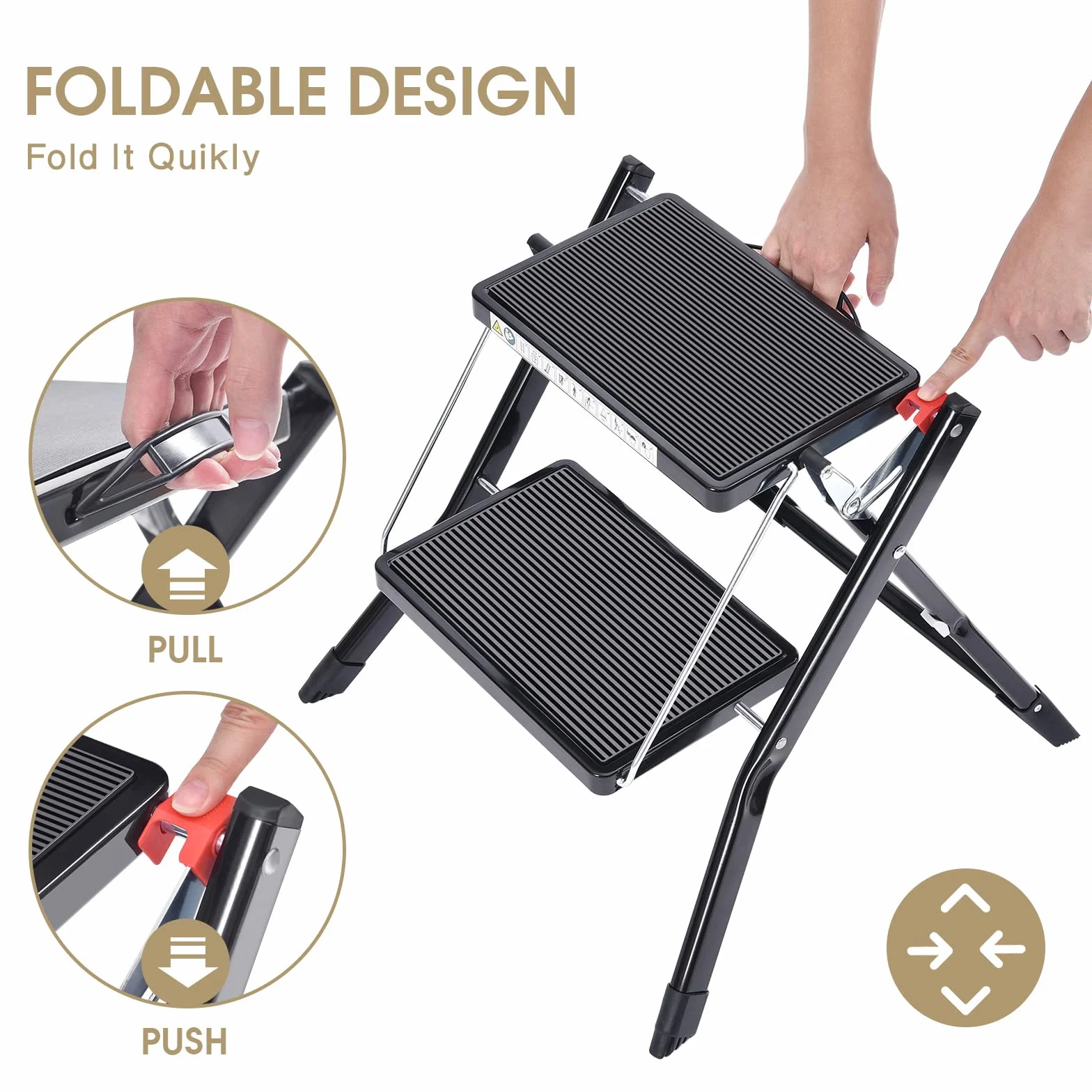 KINGRACK Taburete Plegable con Alfombrilla de Goma Antideslizante Acero Ligero 150 kg 2 Pasos Negro