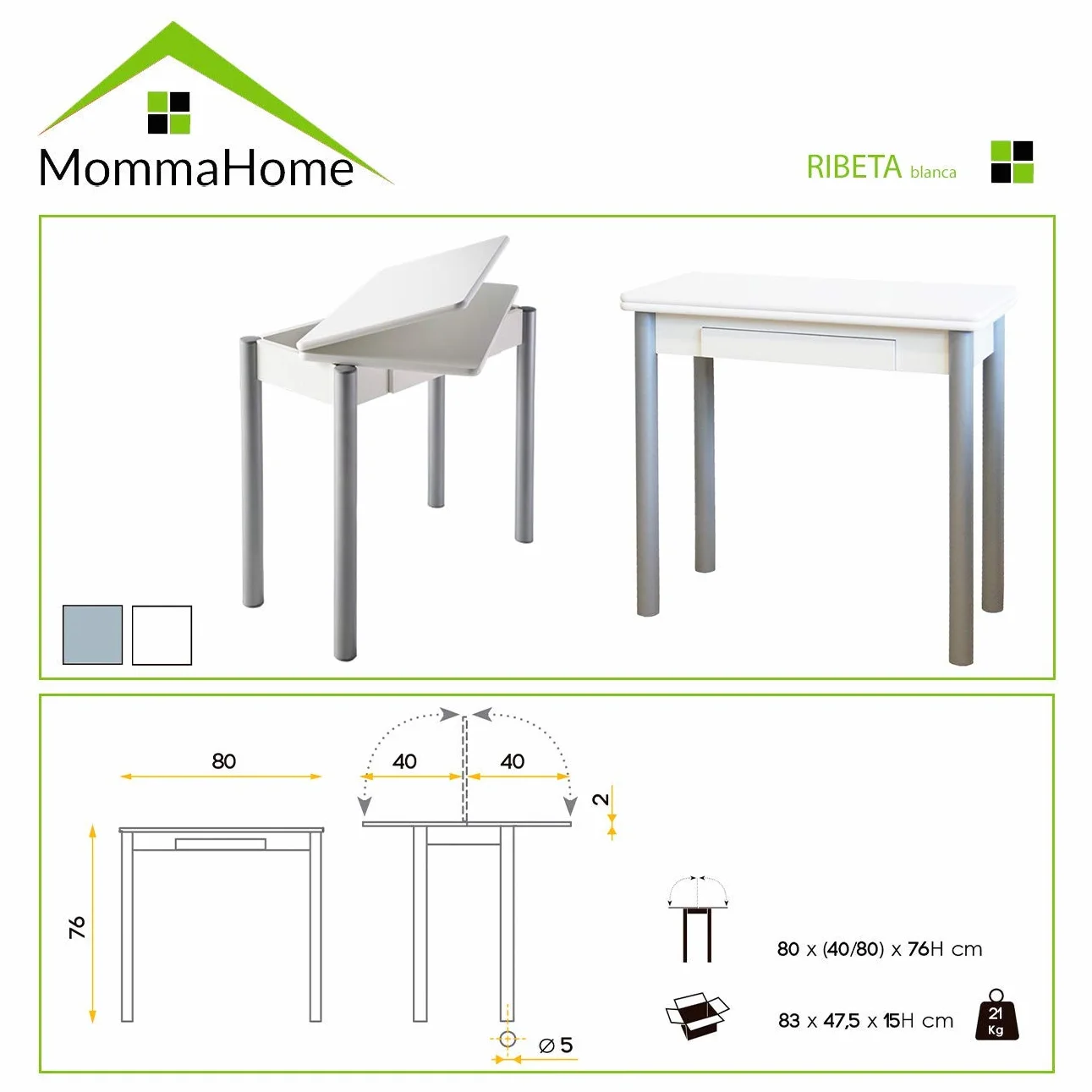 MOMMA HOME Mesa de Cocina o salón Extensible, Mesa Comedor Extensible, Mesa Plegable, Mesa Comedor Moderna, Color Blanco/Plata, RIBETA, Medidas 80x40/80x78 cm