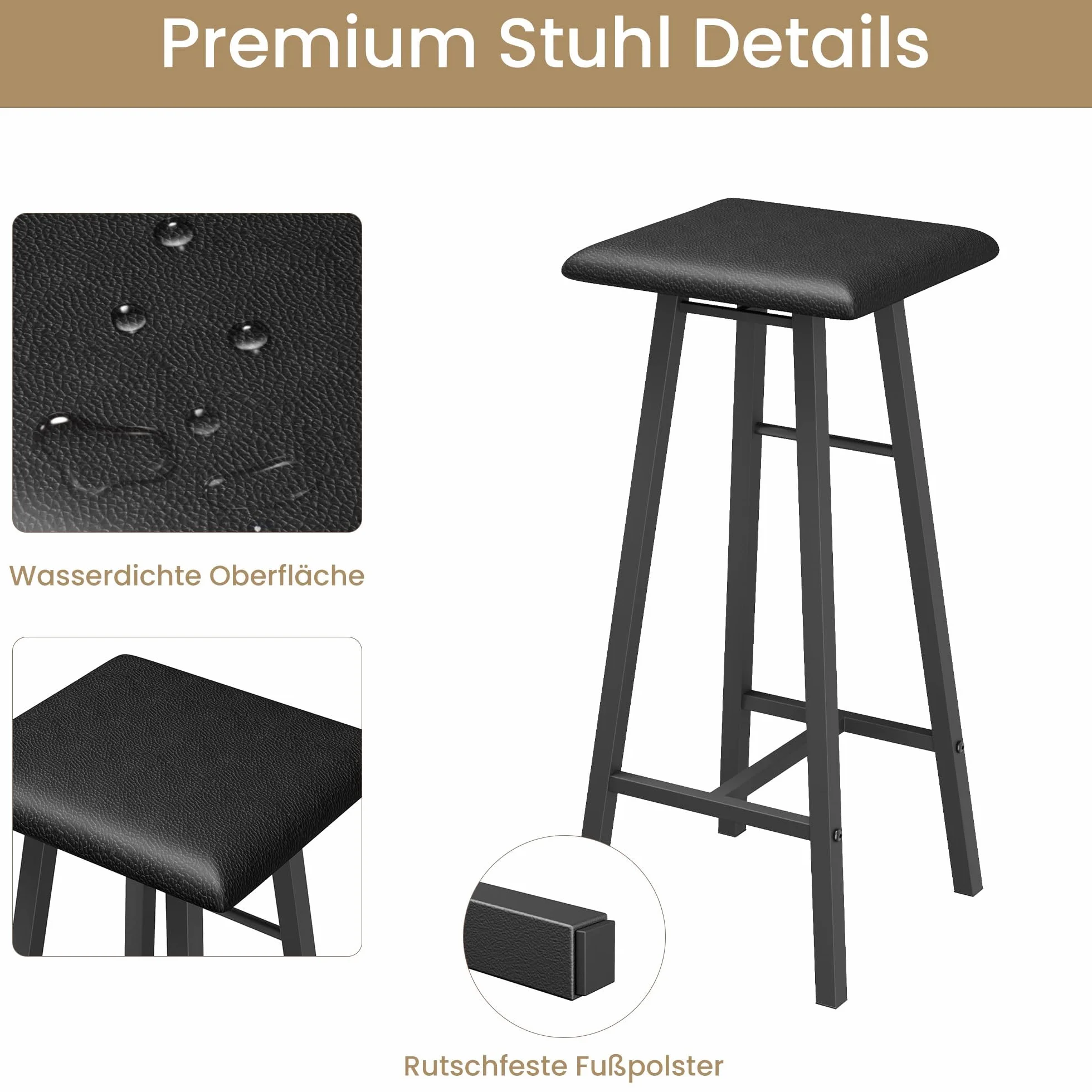 Garvee Conjunto de Bar Industrial 3 Piezas con 3 estantes – Mesa y 2 taburetes, Soporte para Copas – Ideal para Cocina o Comedor pequeño – Negro con Estructura y cojín Negros