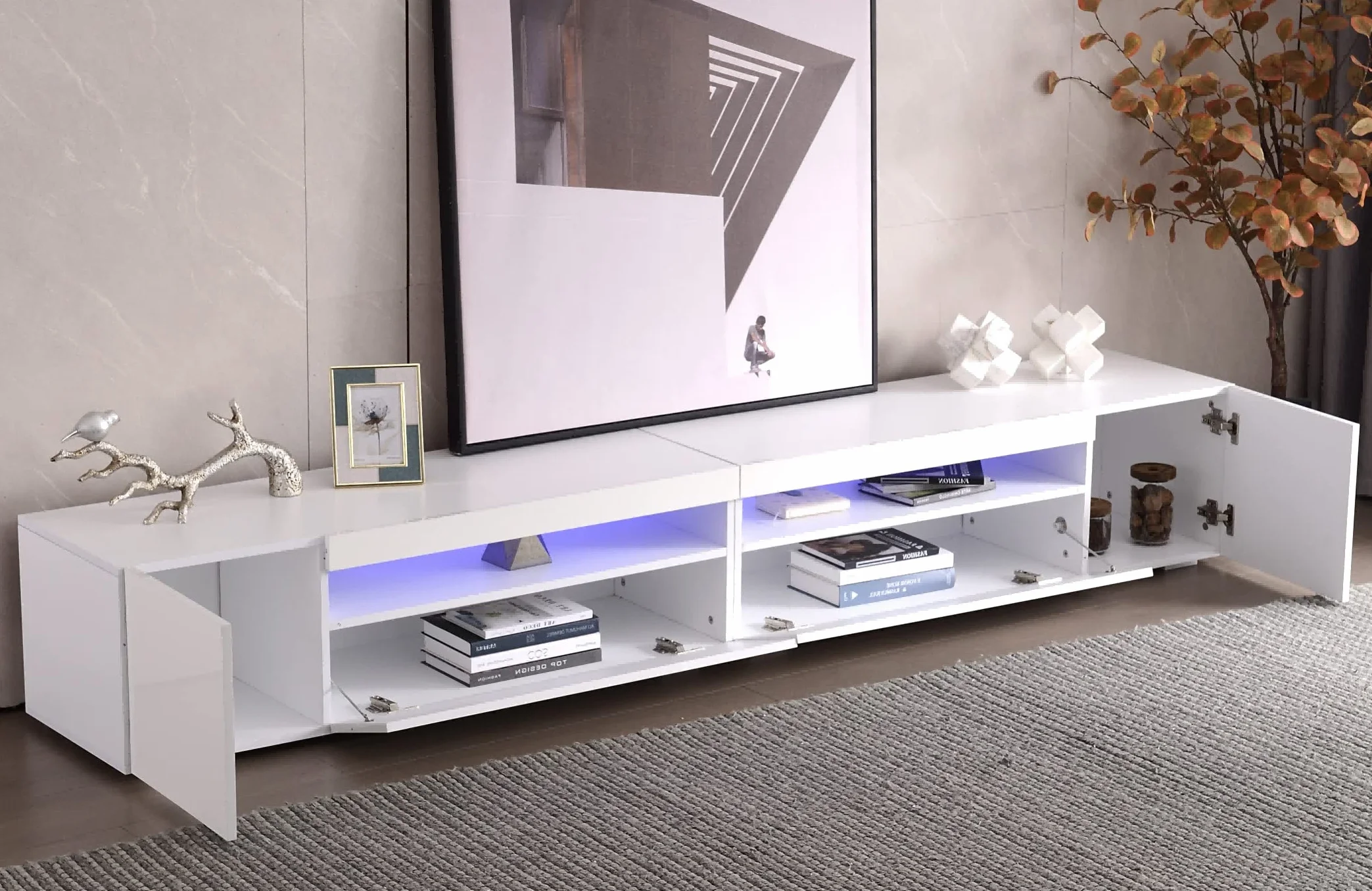 Mueble de TV moderno blanco, panel brillante, iluminación LED variable, salón y comedor 240 cm