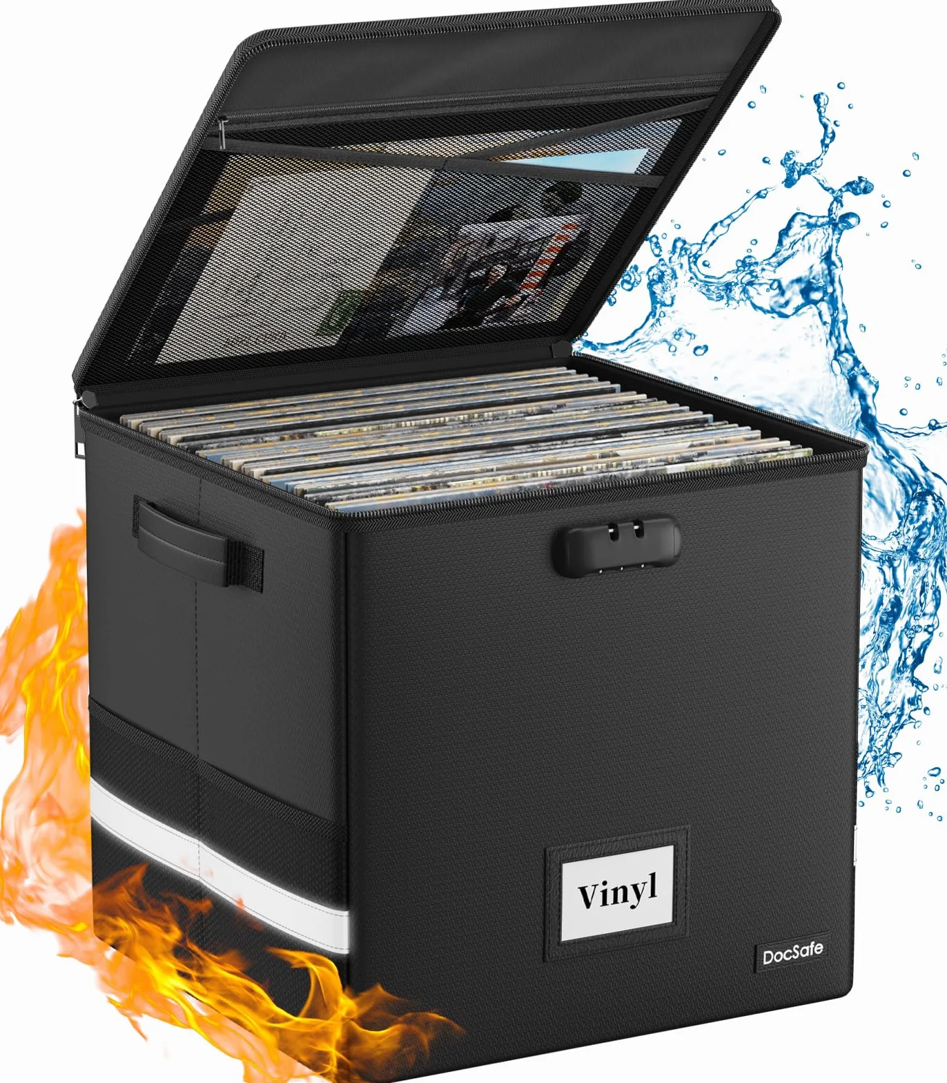 DocSafe Caja de almacenamiento de discos de vinilo con cerradura, caja de almacenamiento de vinilo ignífuga e impermeable para discos de 12 pulgadas, Black, 33x33x33cm, Moderno