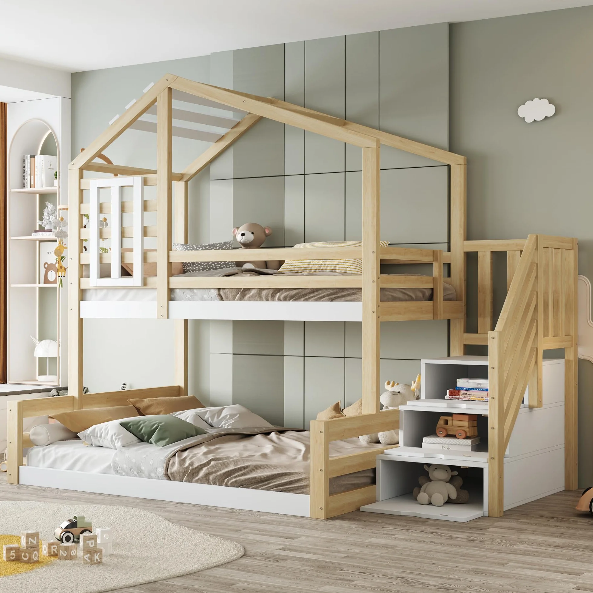 LAKFEW Litera 90(140)x200 cm con Escalera Almacenaje y Diseño de Techo, Cama Infantil para 2 Niños, Cama Litera Matrimonio con Barandilla Anticaída y Ventana, Literas Infantiles, Natural, Sin Colchón