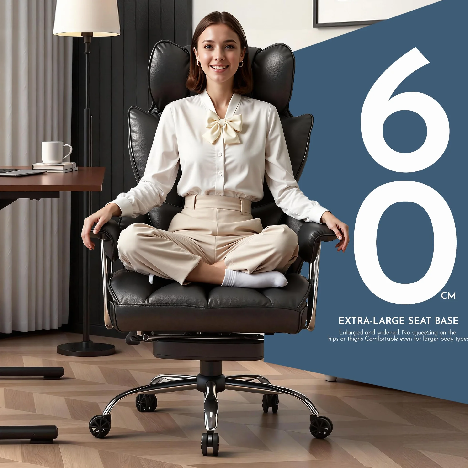 Efomao Silla de Oficina de Escritorio, Silla de Oficina de Piel sintética de Gran Respaldo, Silla giratoria con reposapiés y Soporte Lumbar, Negro