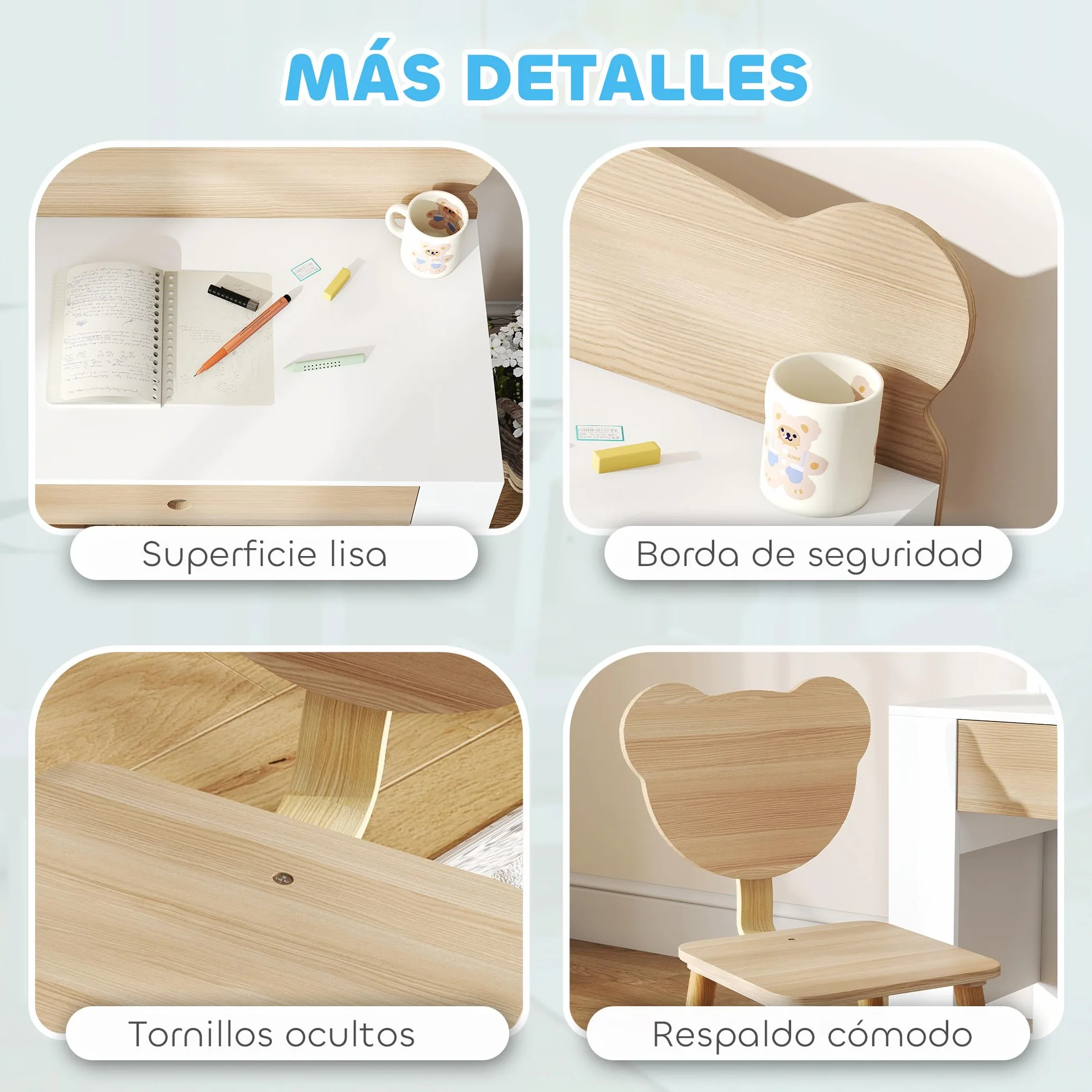 AIYAPLAY Escritorio Infantil con Silla Osito Mesa Niños Cajón Estudiar Dibujar Leer Pupitre Estudio Dormitorio Sala Natural