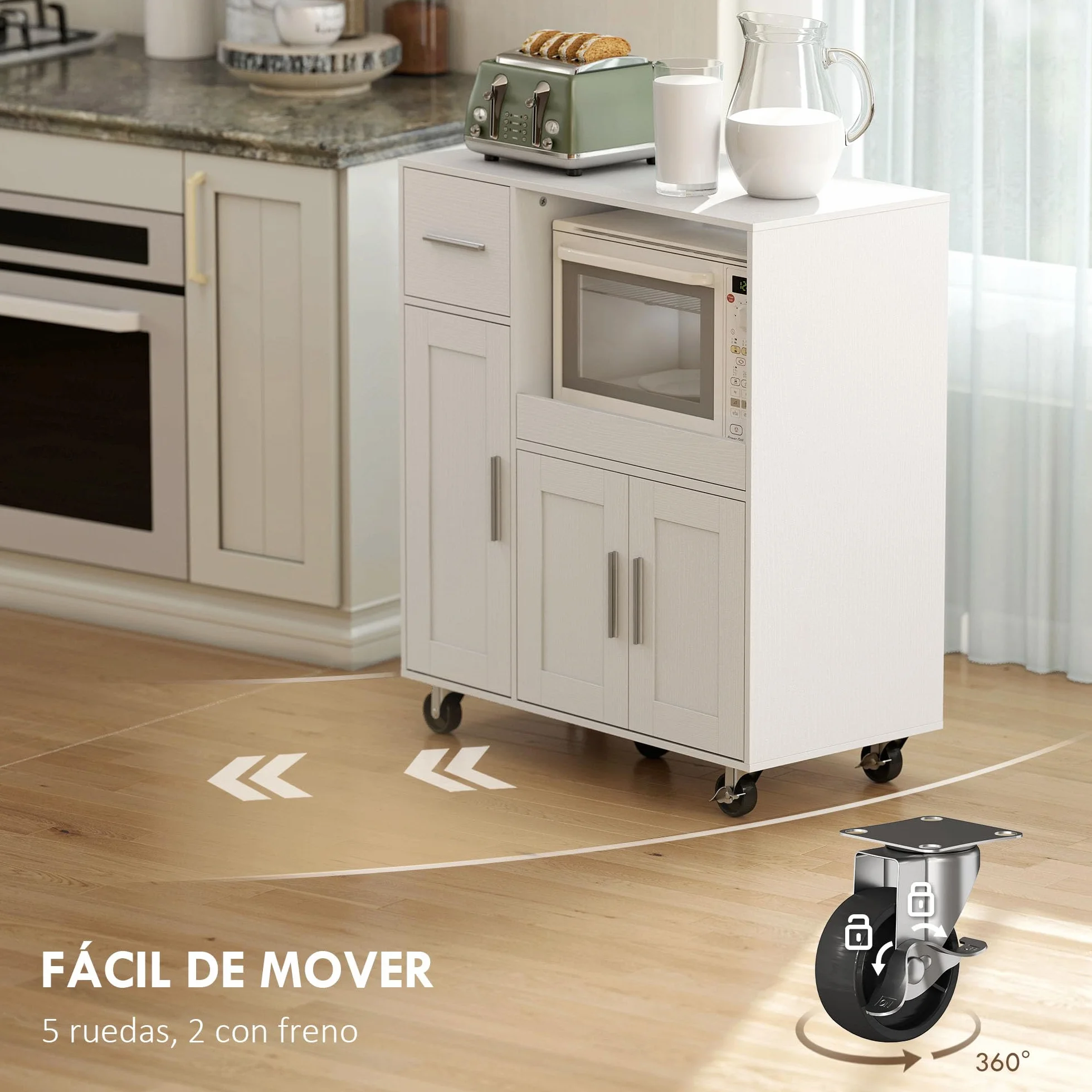 HOMCOM Mueble Auxiliar de Cocina con Ruedas, Aparador de Cocina para Microondas con Bandeja Deslizante, Cajón, 3 Puertas, Estante Ajustable y Orificio para Cables, para Salón, 80x40x88,7 cm, Blanco