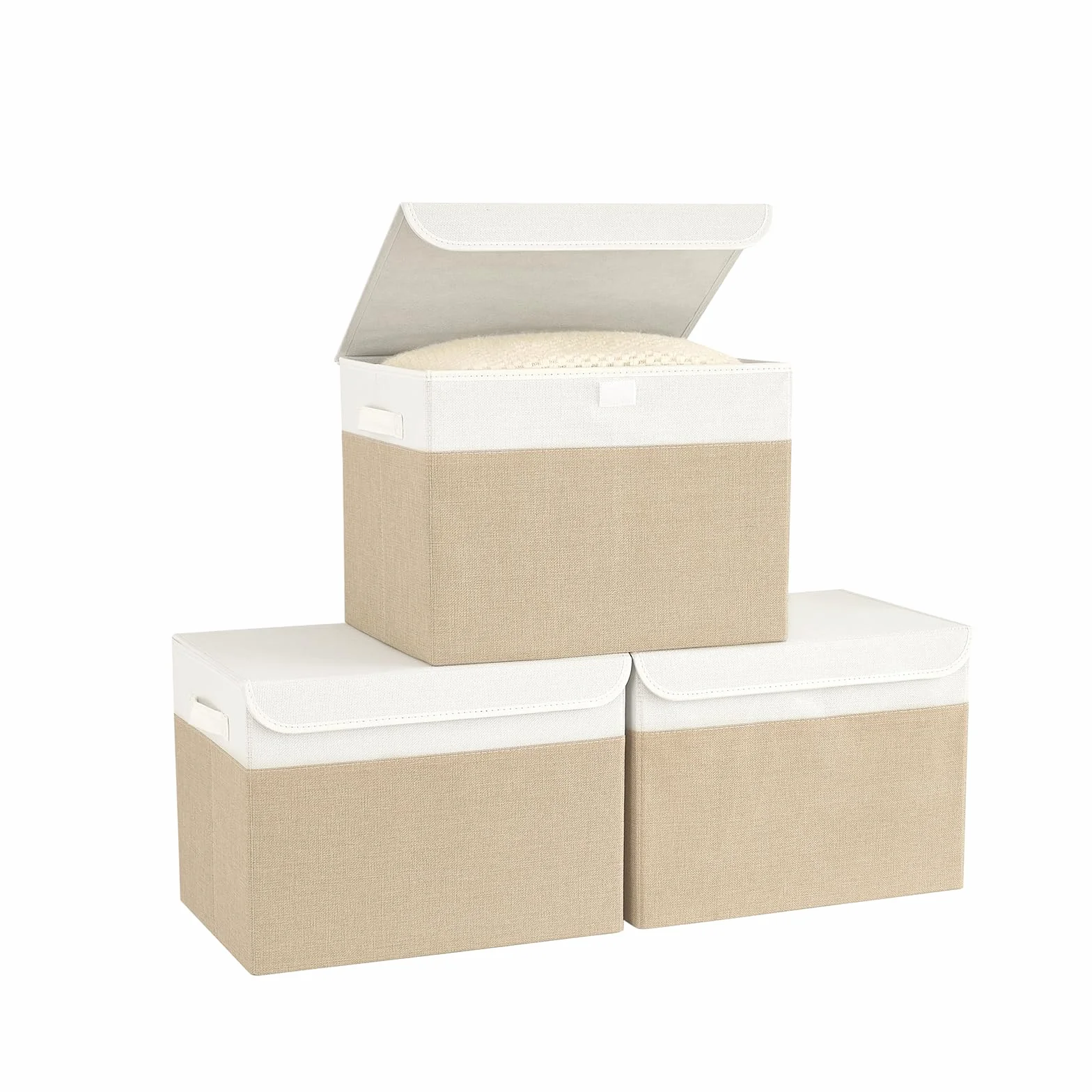 Bagnizer Cajas Almacenaje con Tapa, Set de 3 Plegable Cestas Organizadoras con Asas, Cajas Organizadoras Ropa para Libros, Mantas, Sábanas, Blanco y Beige, 25×20×15cm