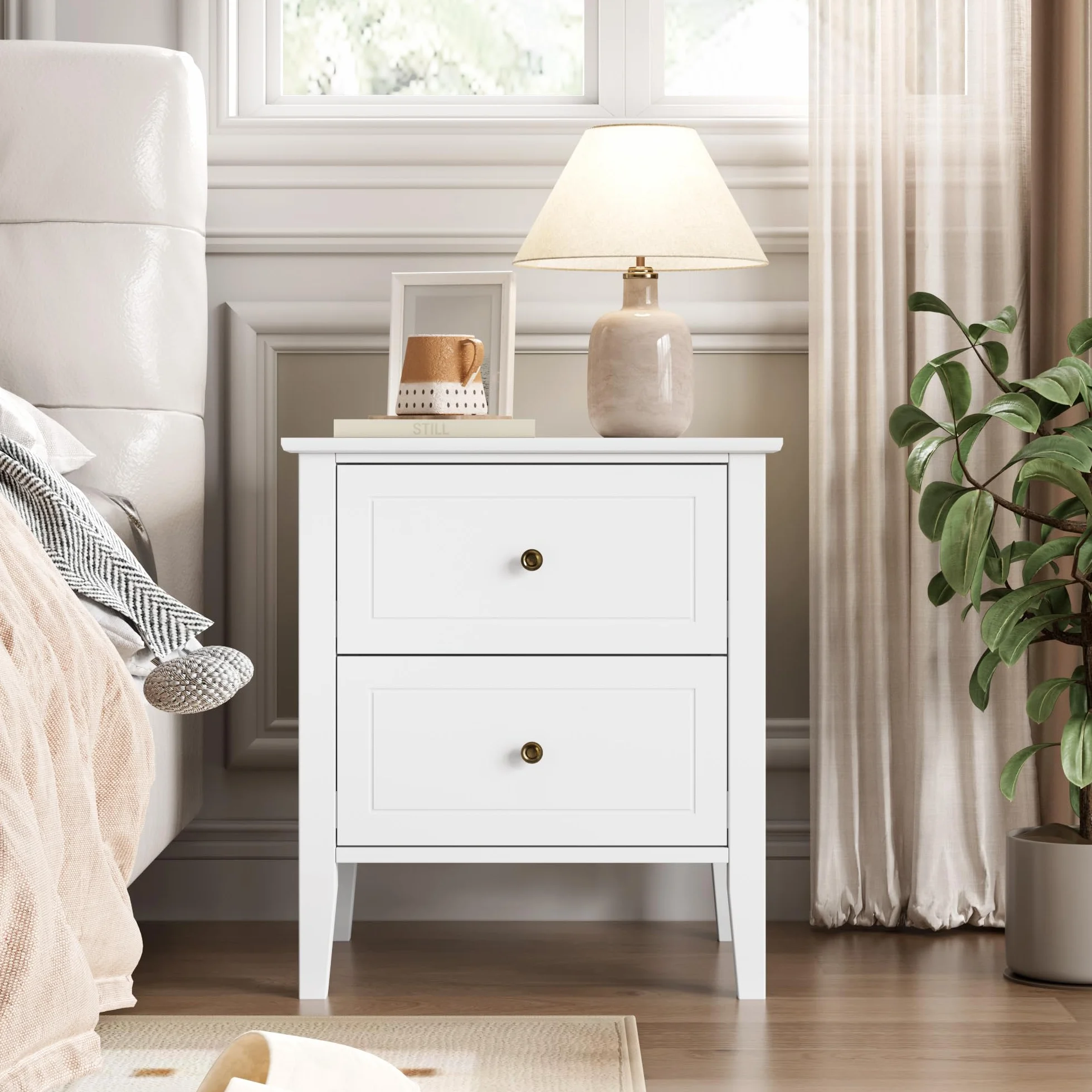 FOREHILL Mesitas de Noche Pack 2 Blanca, Mesillas de Noche con 2 Cajones, Mesitas de Noche Dormitorio, Mesas de Noche, Moderno, Madera, 50x40x55,5cm