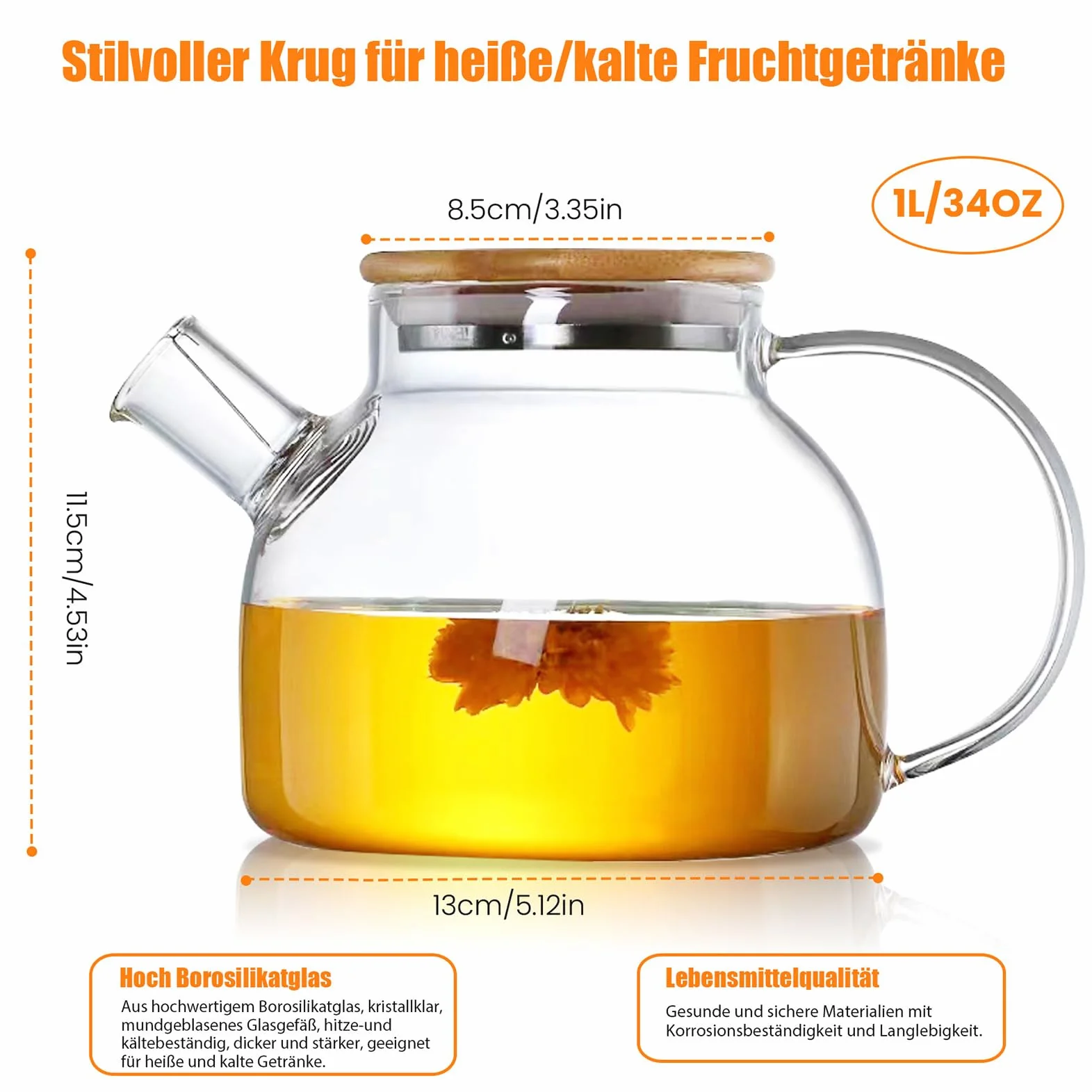 Tetera de cristal borosilicato 1000 ml con colador extraíble