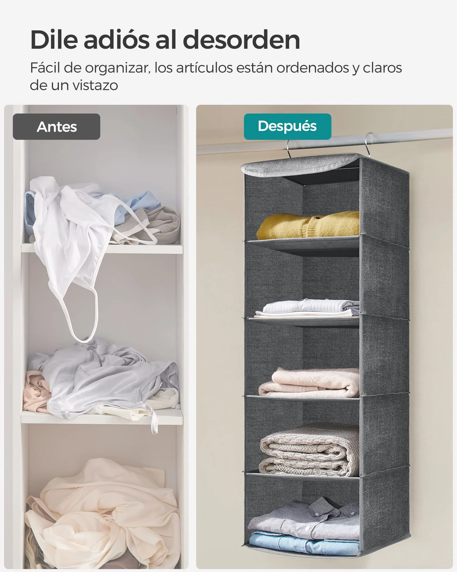 SONGMICS Organizador Armario Bolsa Colgante Plegable con Ganchos Metálicos Bambú Gris RYCH06G