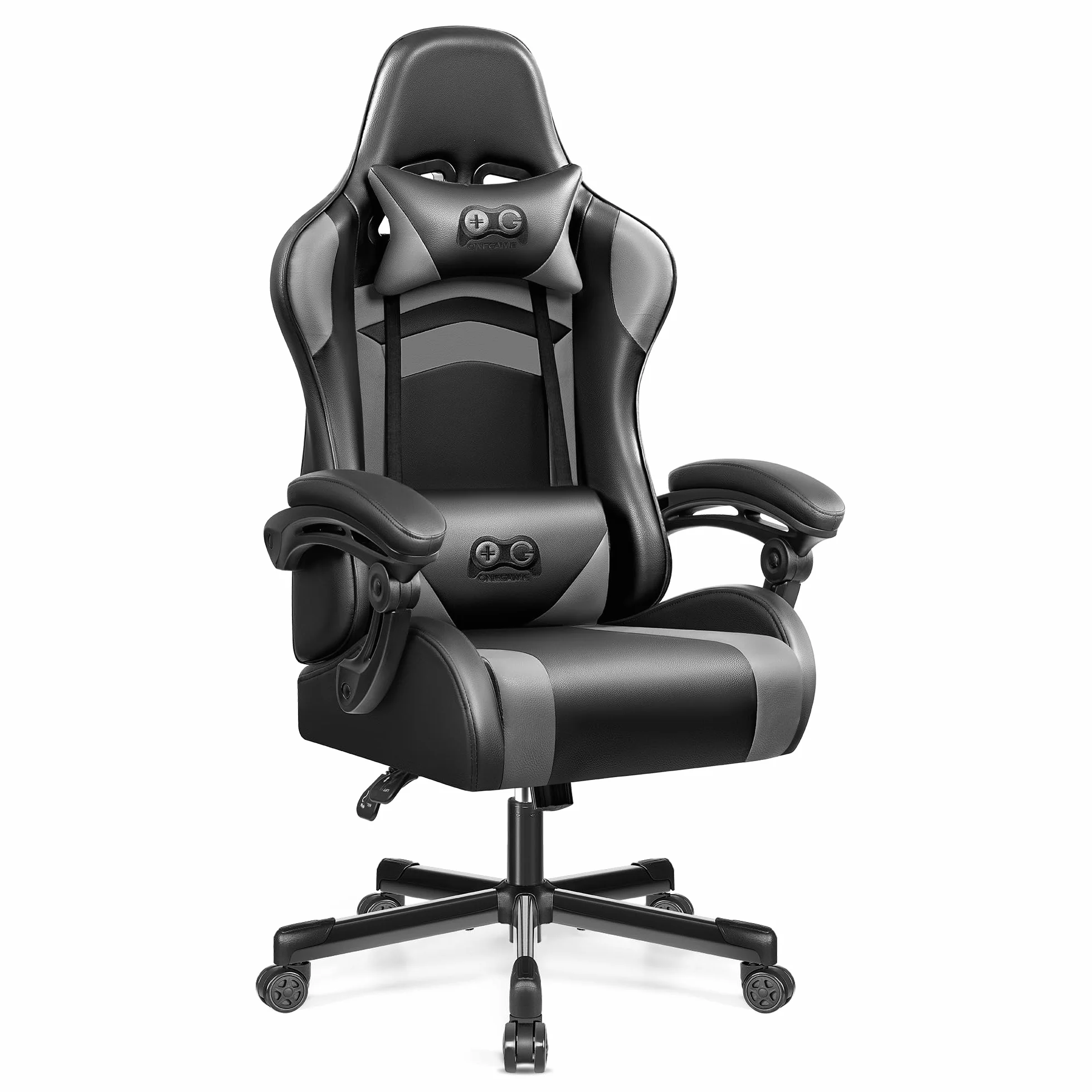 OneGame Silla Gaming, Silla ergonómica Gaming con Respaldo Ajustable Respaldo Alto Silla Gaming rotación 360º para Trabajar y Jugar, Negro Gris