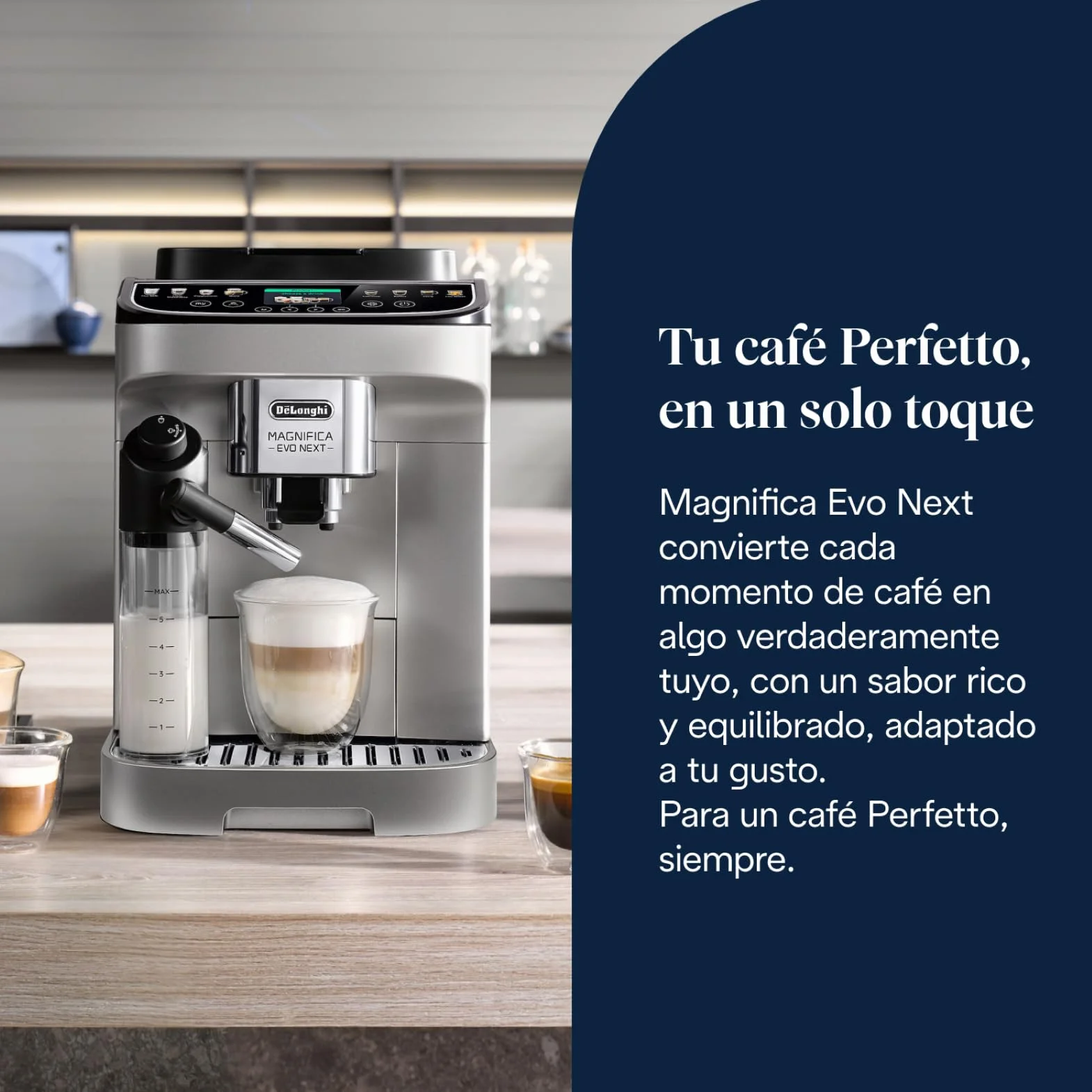 De’Longhi Magnifica Evo Next – Perfetto Cafetera Superautomática, LatteCrema Jarra de leche automática, 13 Bebidas One-Touch, Pantalla Táctil a Color,Plata y Negro (ECAM312.80.SB)