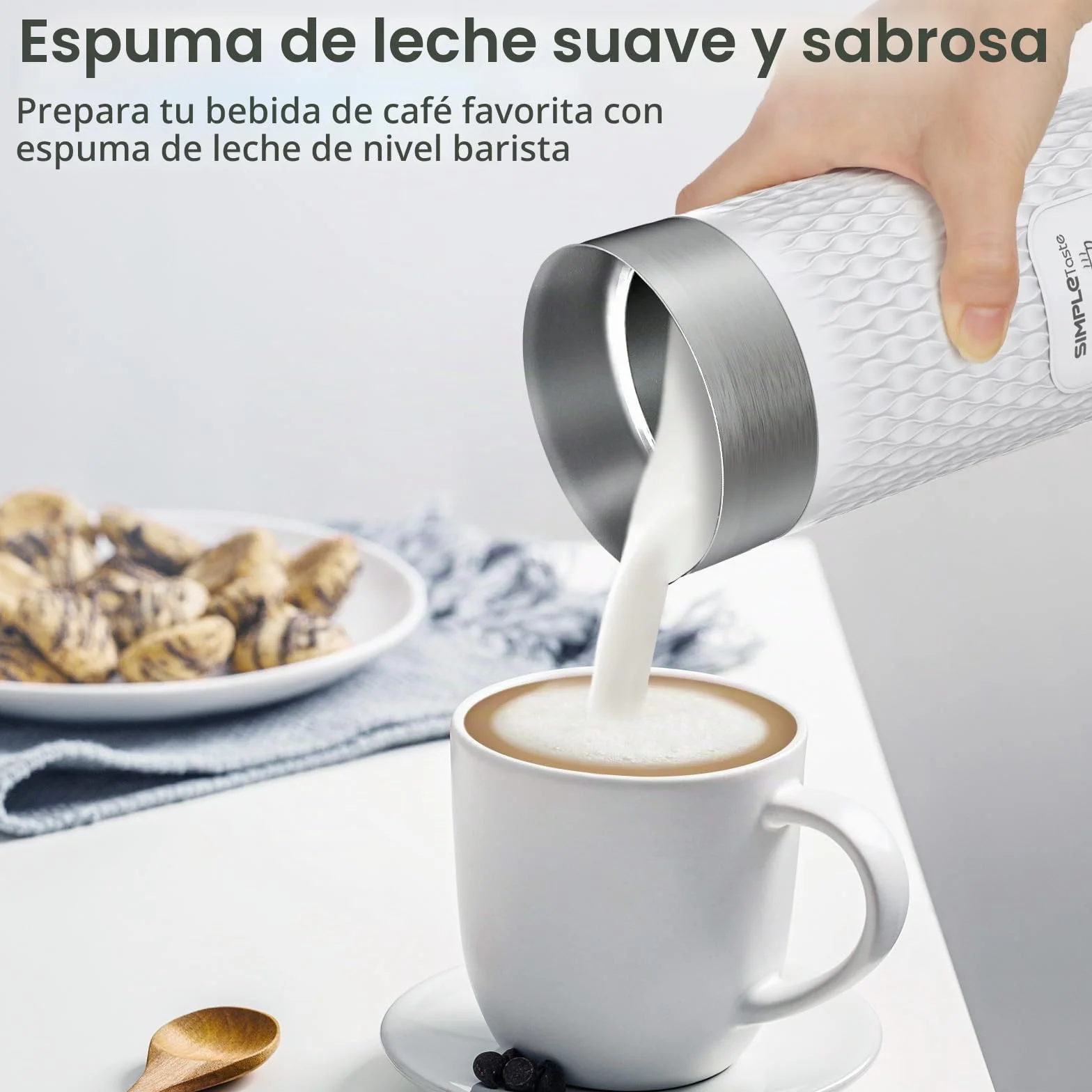 SIMPLETASTE Espumador de Leche Eléctrico 4 en 1, Automático, Calentador y Preparador de Chocolate Caliente para Café