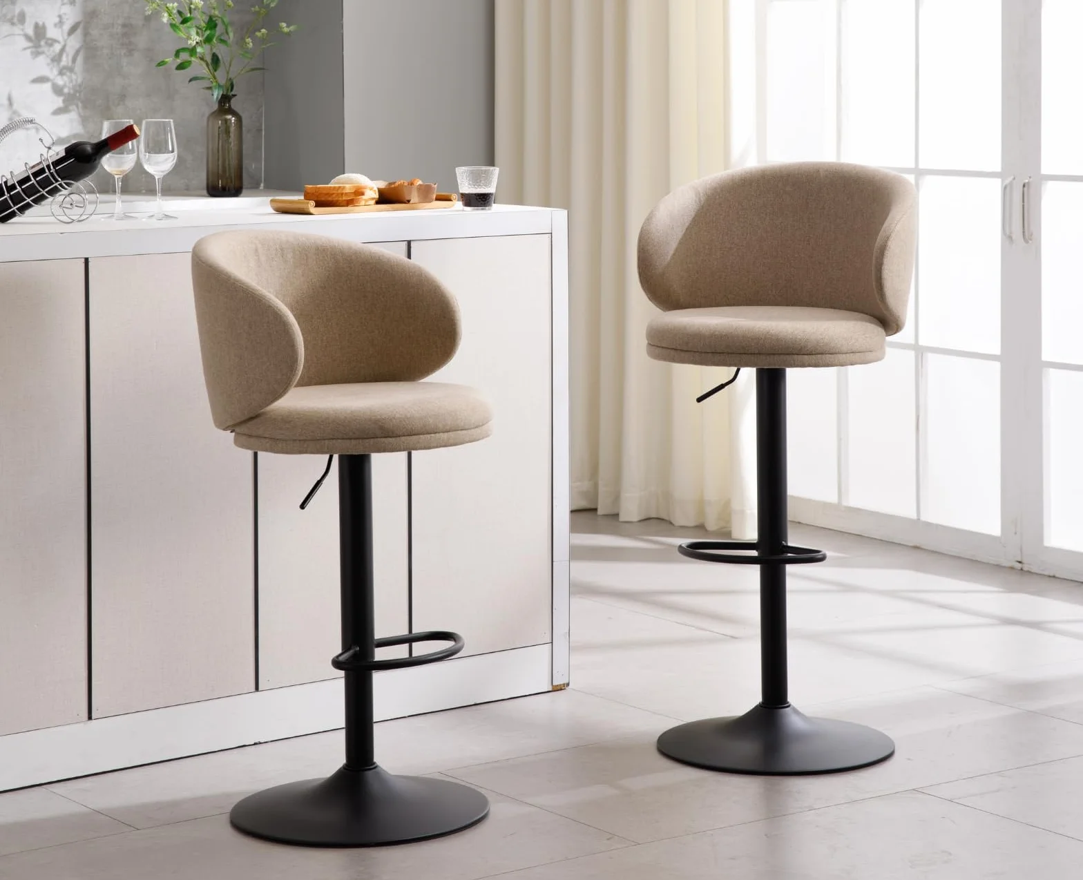 chairus Juego 2 de Taburetes de Bar Altura Ajustable Taburetes de Cocina Moderno con Respaldo, Sillas Altas Mostrador Tapizadas de Tela Taburetes Barra Cómodo con Base de Metal para Hogar, Caqui