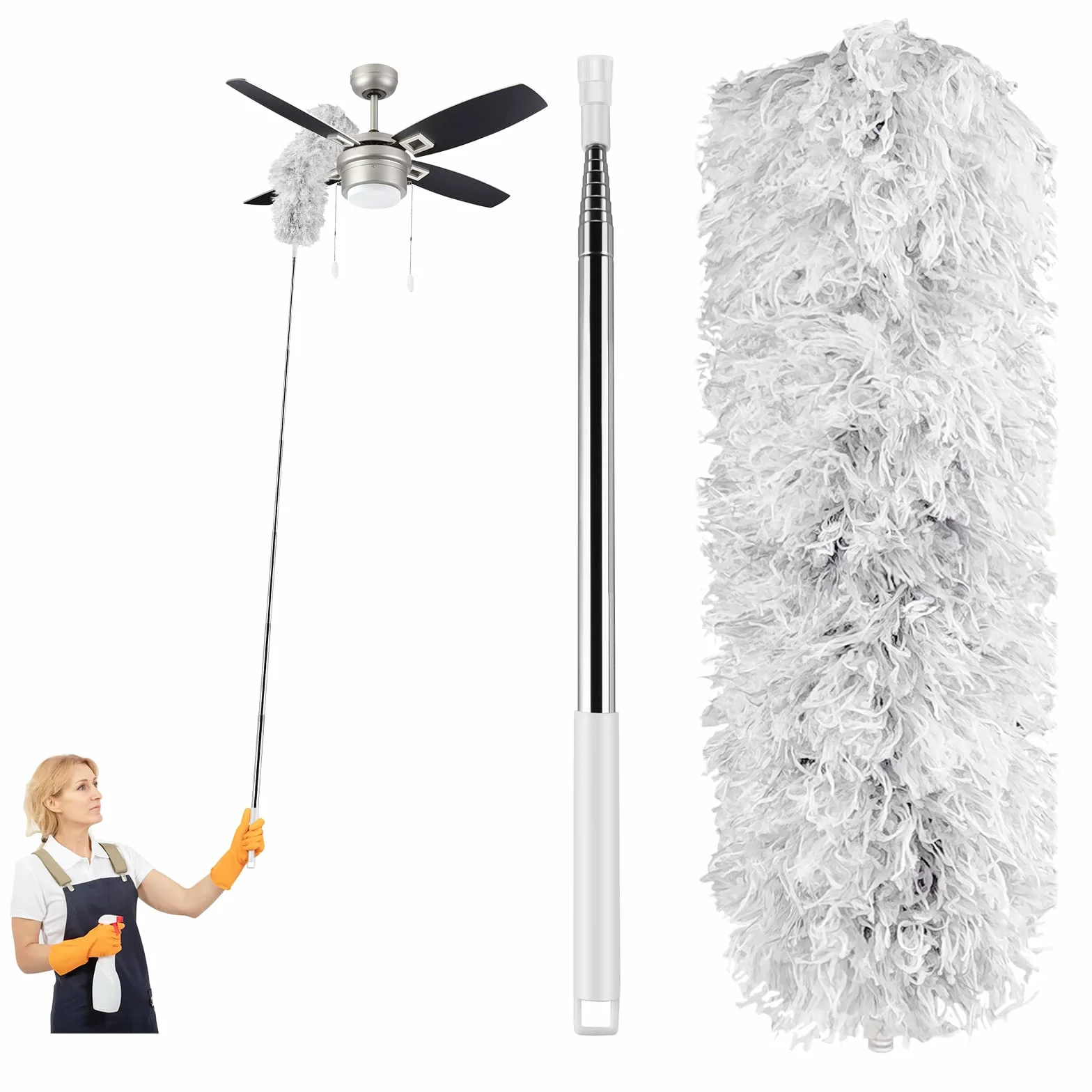 Uootach Plumero de Polvo, Plumero telescópico, hasta 2,8 m de Largo, colector de Polvo de Microfibra retráctil extralargo, fregona Plegable Lavable para Esquinas, techos, telaraña