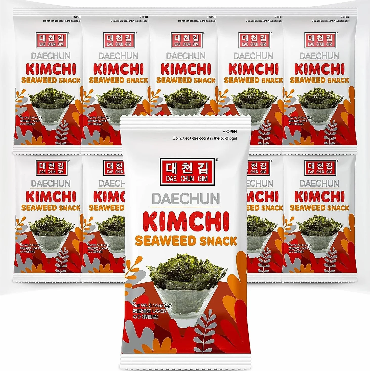 Daechun Kimchi Bocadillos de Algas Marinas Paquete de 20 Vegano Cetogénico