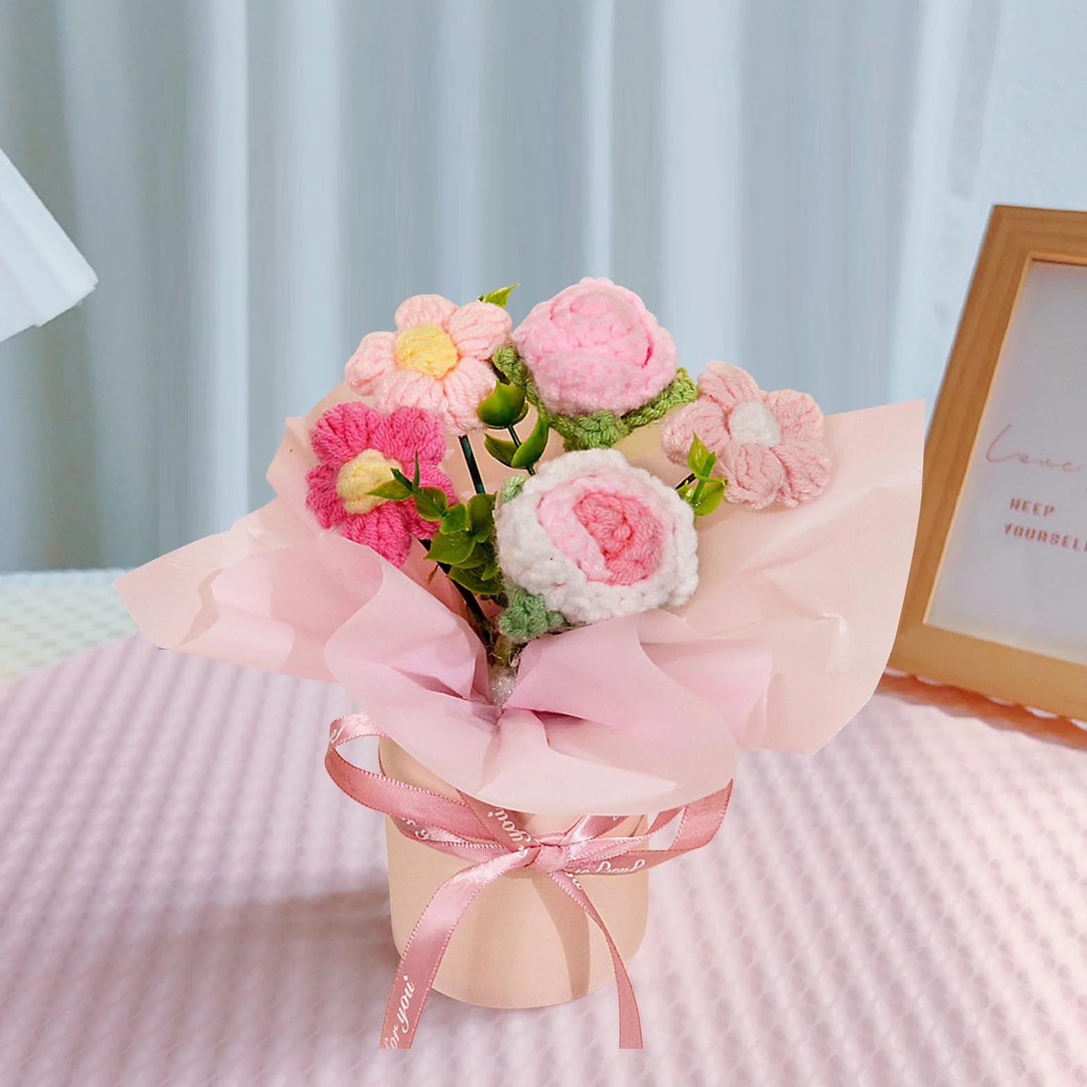 Ramo de Flores Ganchillo, Ramo de Flores de Punto Hecho a Mano, Flores Artificiales para cumpleaños, San Valentín, Regalos de Punto para Madre, Mujeres, Amigas
