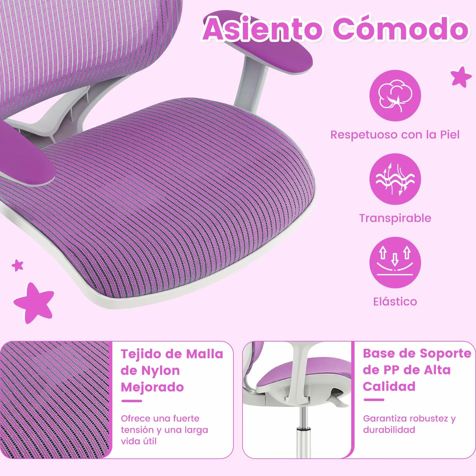 COSTWAY Silla de Escritorio para Niños, Silla Infantil Giratoria para Computadora con Altura Ajustable, Ruedas con Freno, Reposabrazos Lisos, Silla Ergonómica de Estudio para Niño (Morado)