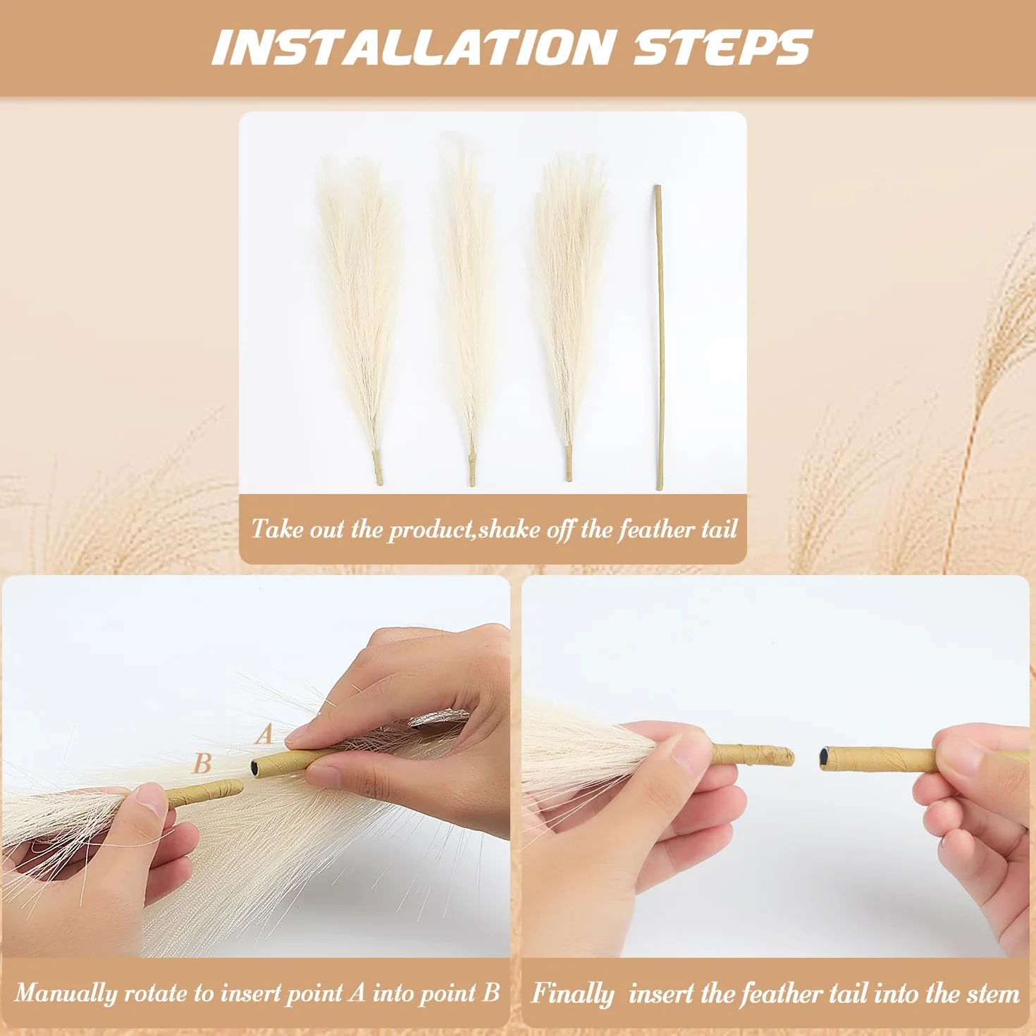 6 Pcs Pampas Secas Decoracion Grandes 113 Cm Blanquecino Hierba De Pampa Simulada Hierba Artificial De Pampa para Sala De Estar, Hogar, Piso, Jarrón, Decoración Boho（Beige）